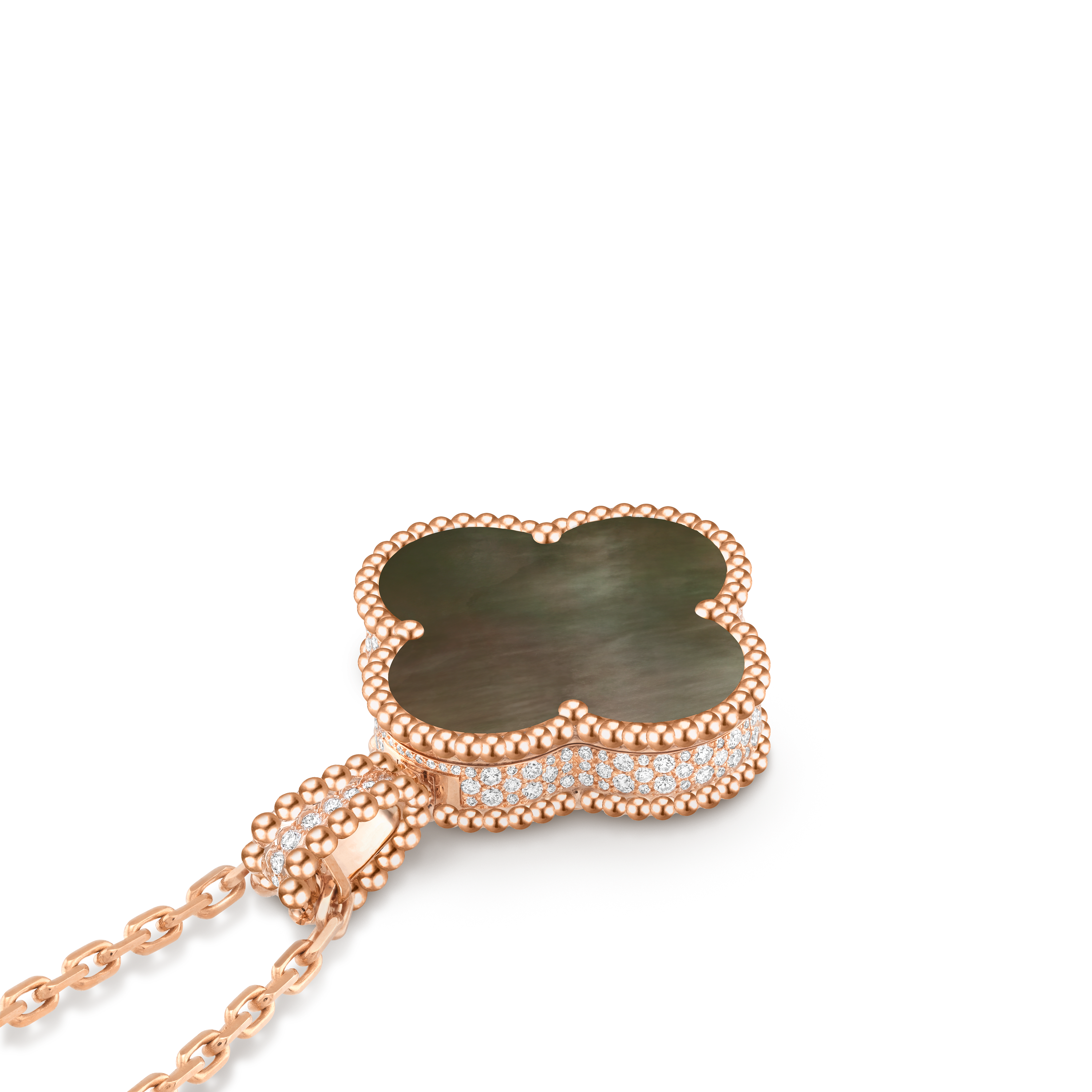 Alhambra secret pendant watch, 18K rose gold, Diamond:  71 stones,  0.55 carat, Mother-of-pearl:  1 stone, Front Alternative, Watch - Van Cleef & Arpels