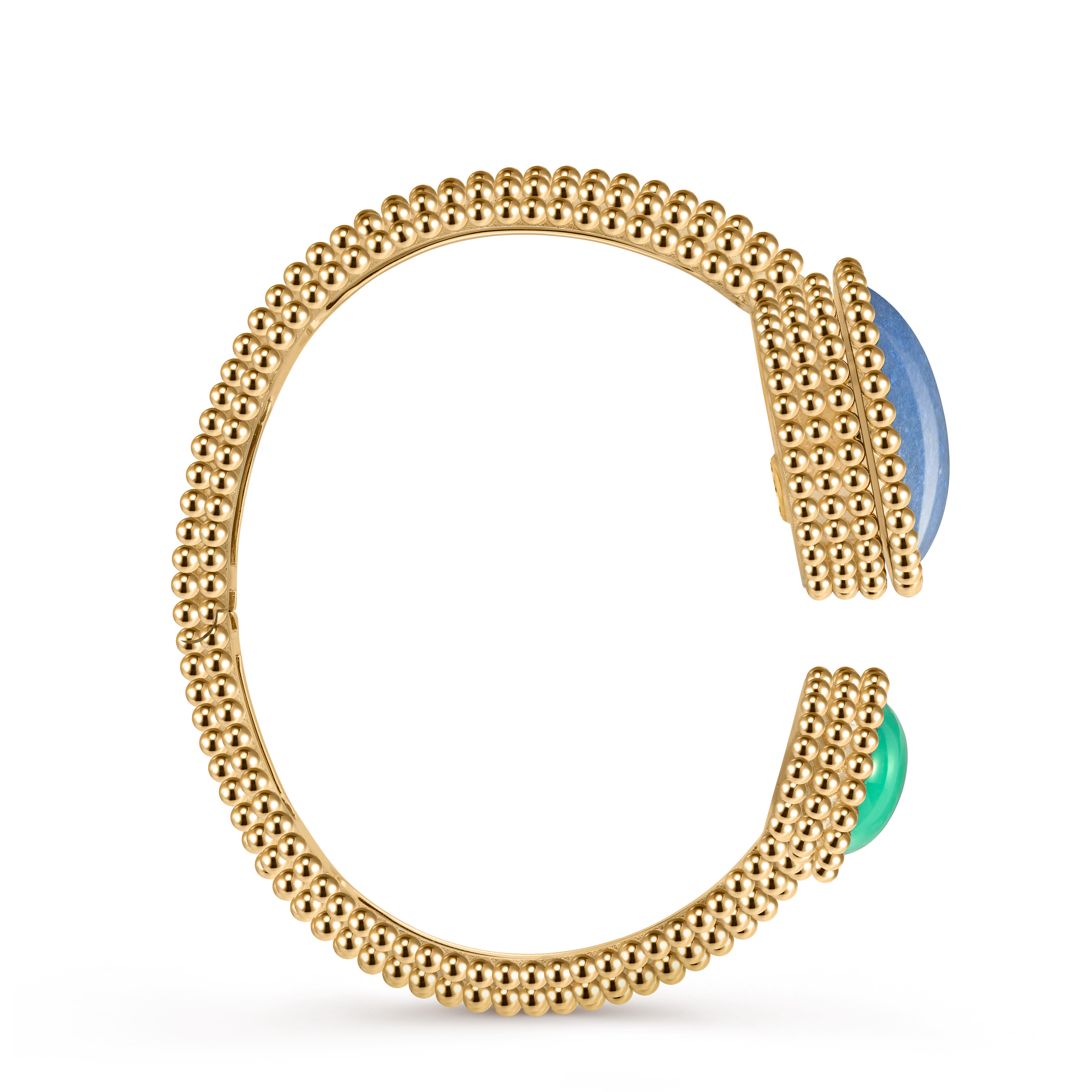 Perlée Toi & Moi secret watch, small model, 18K yellow gold, Chrysoprase:  1 stone, Diamond:  25 stones,  0.77 carat, Mother-of-pearl:  1 stone, Quartz:  1 stone, Profile, Watch - Van Cleef & Arpels