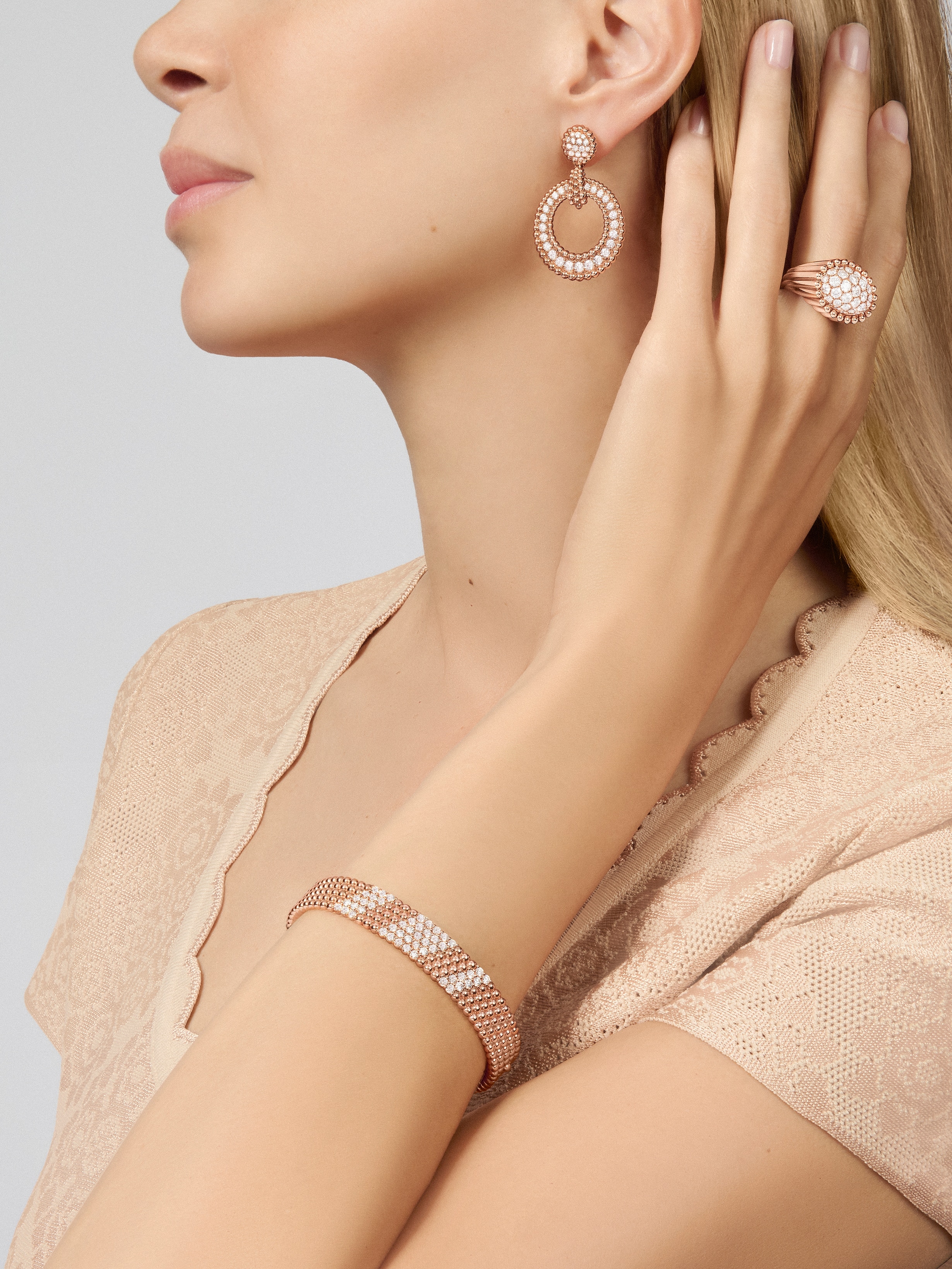 Perlée diamonds earrings, 18K rose gold, Diamond:  88 stones,  3.01 carats, Worn Detail, Jewelry Earrings - Van Cleef & Arpels