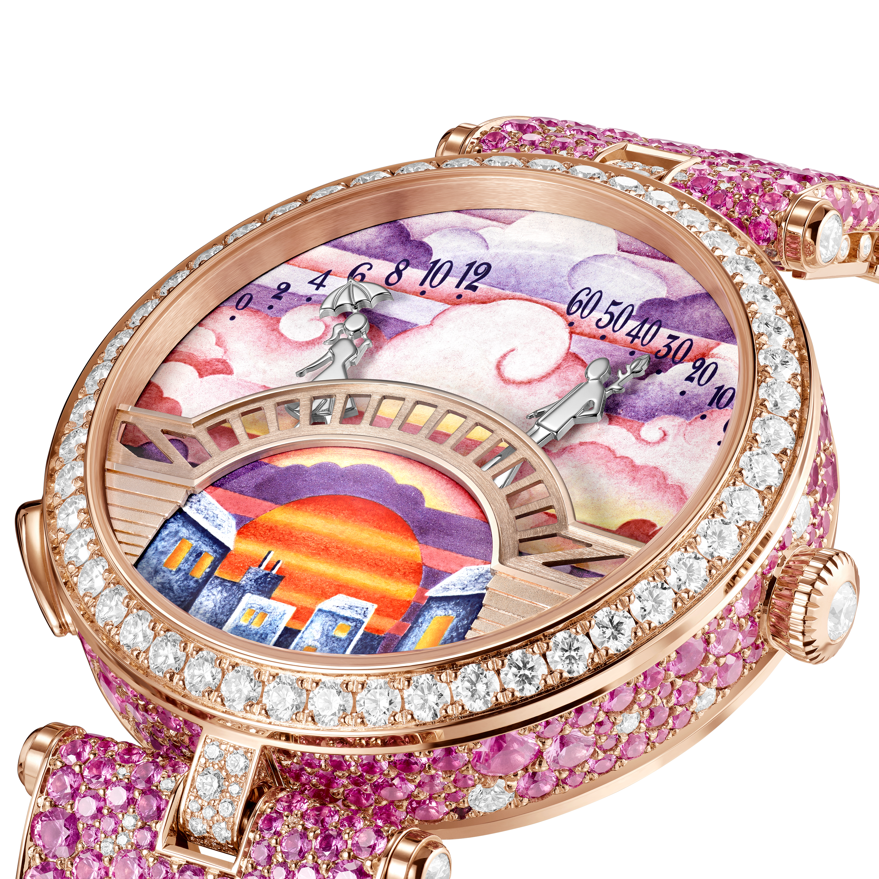 Lady Arpels Pont des Amoureux Soirée watch, 18K rose gold, Diamond:  903 stones,  11.78 carats, Sapphire:  639 stones,  18.82 carats, Three Fourth, Watch - Van Cleef & Arpels