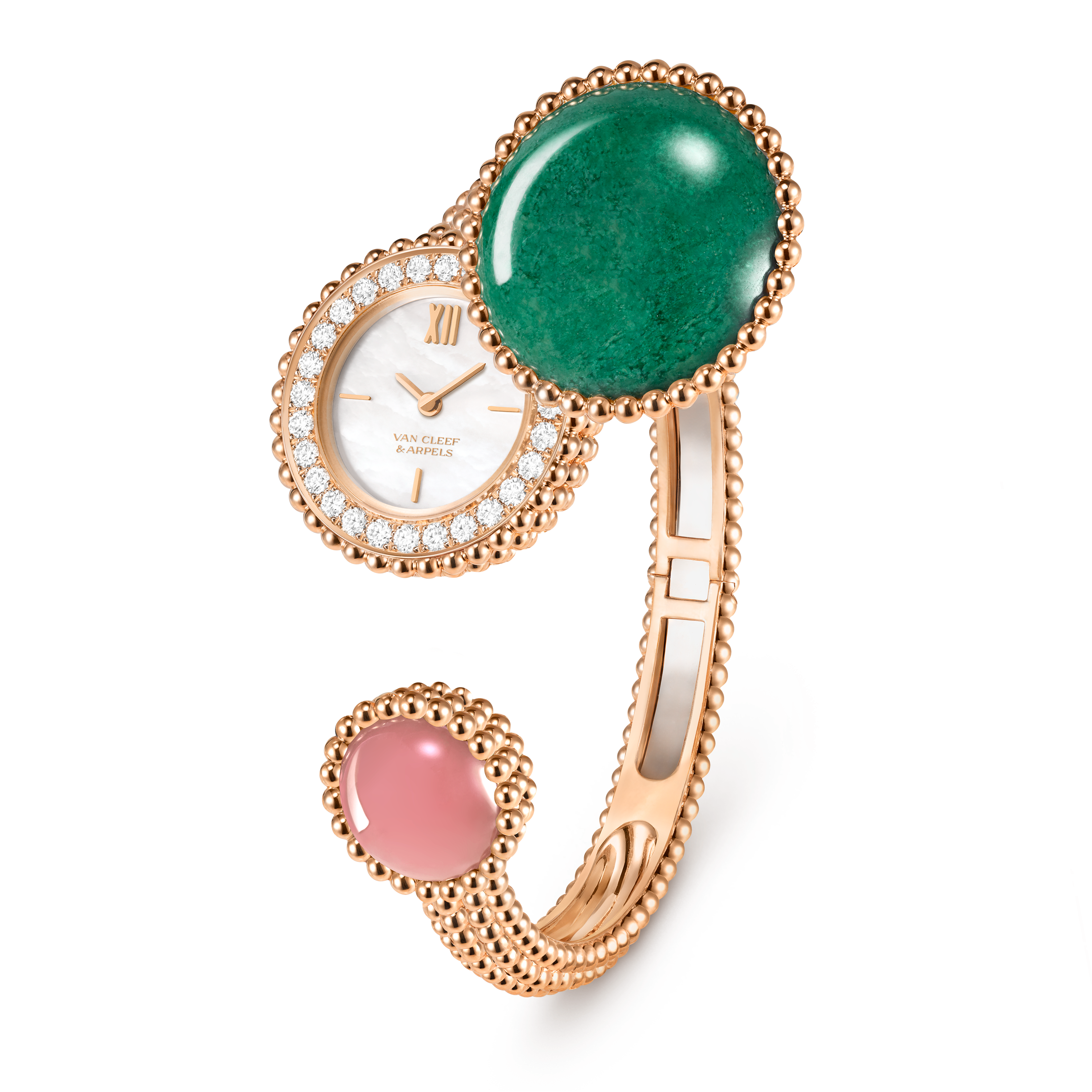 Perlée Toi & Moi secret watch, medium model, 18K rose gold, Diamond:  25 stones,  0.77 carat, Jasper:  1 stone, Mother-of-pearl:  1 stone, Quartz:  1 stone, Three Fourth, Watch - Van Cleef & Arpels