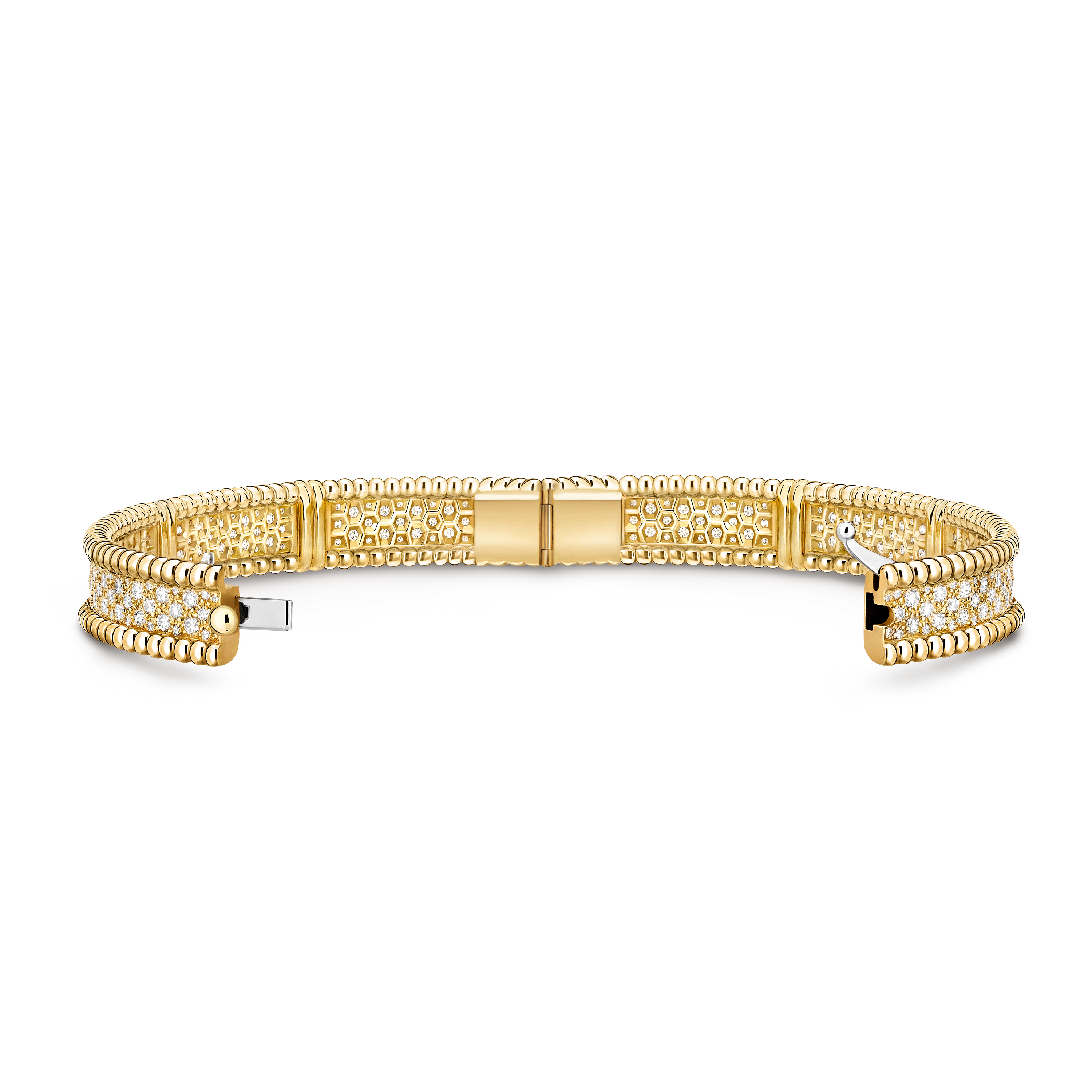 Perlée diamonds bracelet, 3 rows, medium model, 18K yellow gold, Diamond:  284 stones,  3.37 carats, Open, Jewelry Bracelet - Van Cleef & Arpels