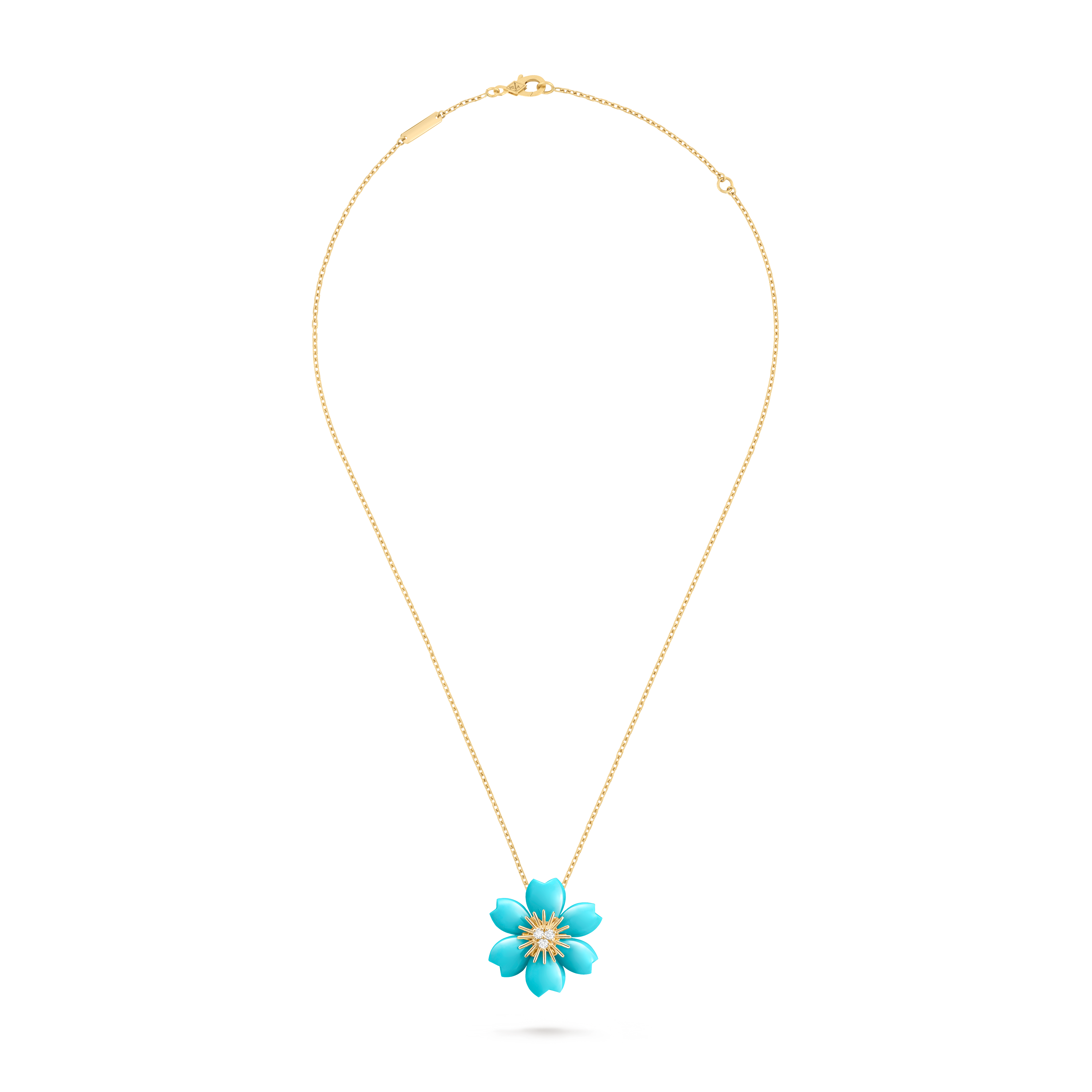Rose de Noël pendant, mini model, 18K yellow gold, Diamond:  3 stones,  0.1 carat, Turquoise:  6 stones, Front, Jewelry Pendent - Van Cleef & Arpels