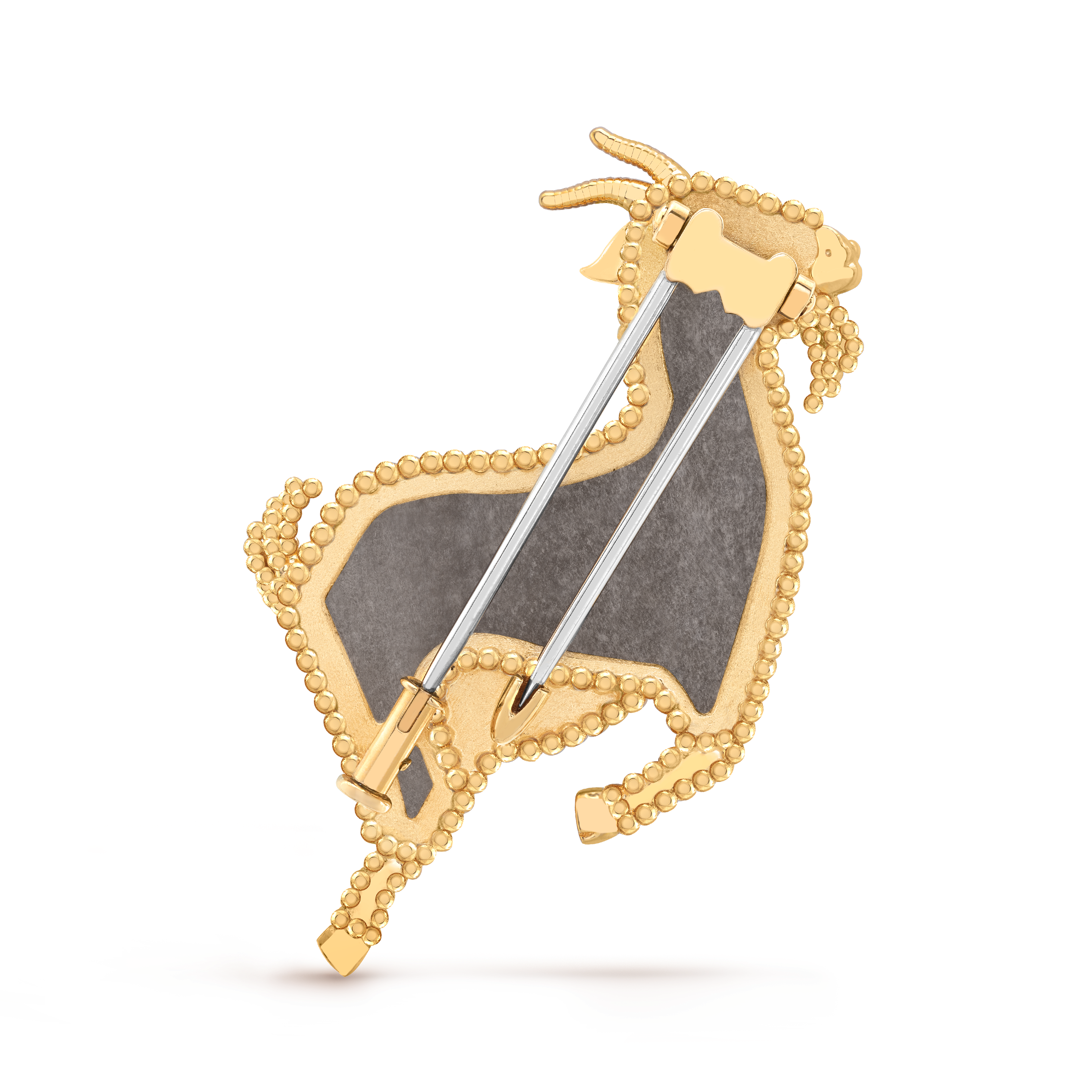 Clip Lucky Animals Chèvre, Or jaune 750/1000, Nacre:  2 pierres, Obsidienne:  1 pierre, Onyx:  1 pierre, Back, Jewelry Clip - Van Cleef & Arpels