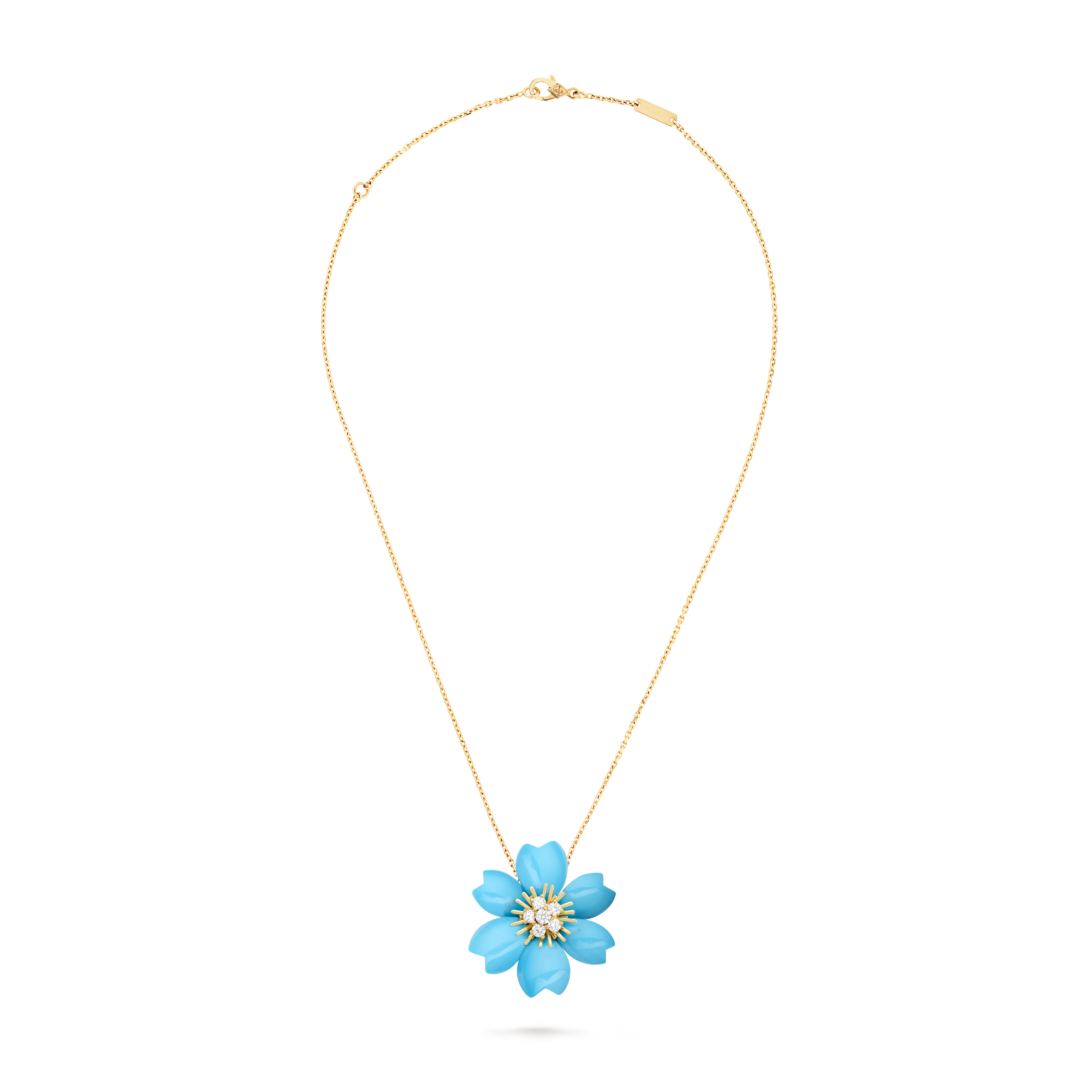 Rose de Noël clip pendant, small model, 18K yellow gold, Diamond:  6 stones,  0.48 carat, Turquoise:  6 stones, Front, Jewelry Clip Pendant - Van Cleef & Arpels