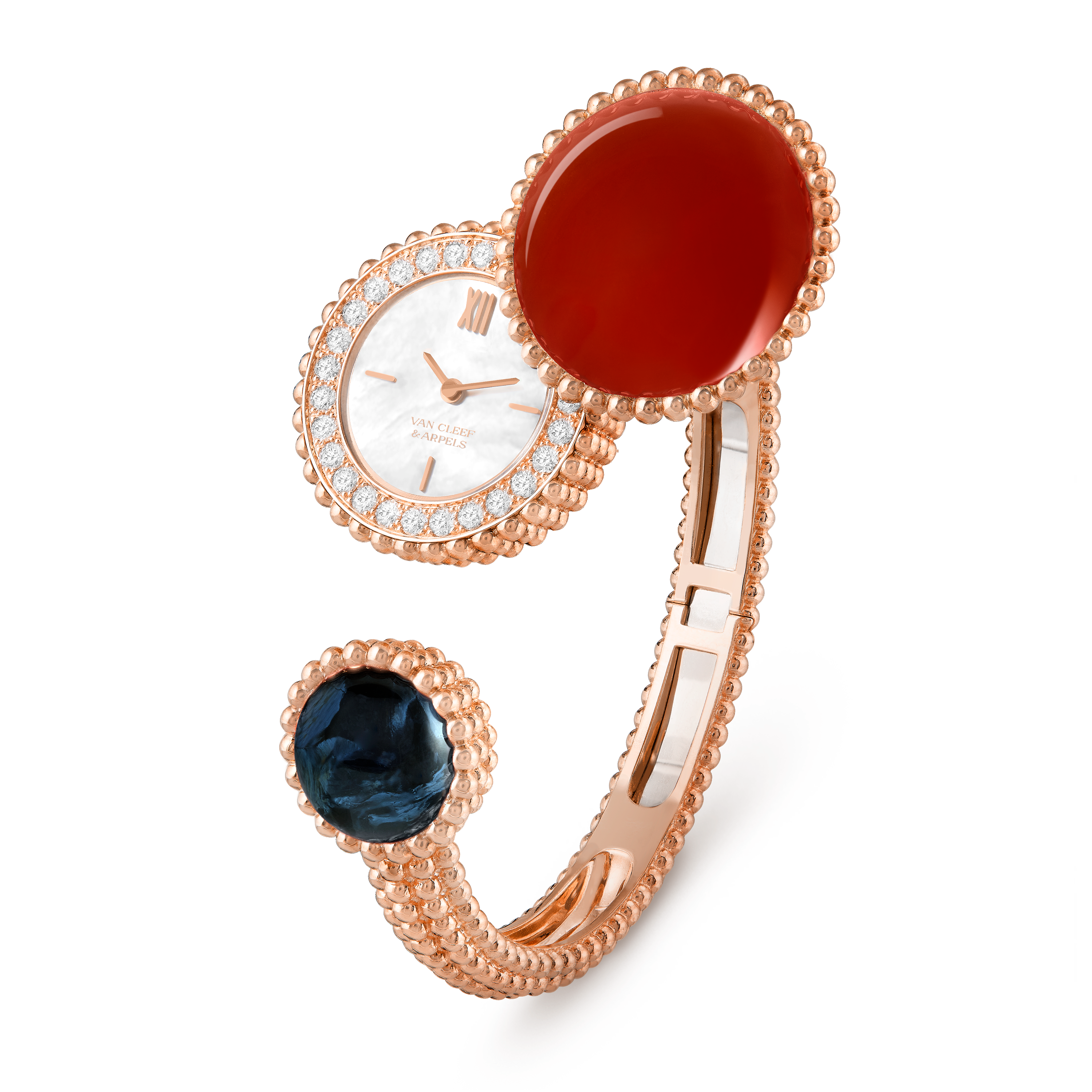 Perlée Toi & Moi secret watch, medium model, 18K rose gold, Carnelian:  1 stone, Diamond:  25 stones,  0.77 carat, Mother-of-pearl:  1 stone, Pietersite:  1 stone, Three Fourth, Watch - Van Cleef & Arpels