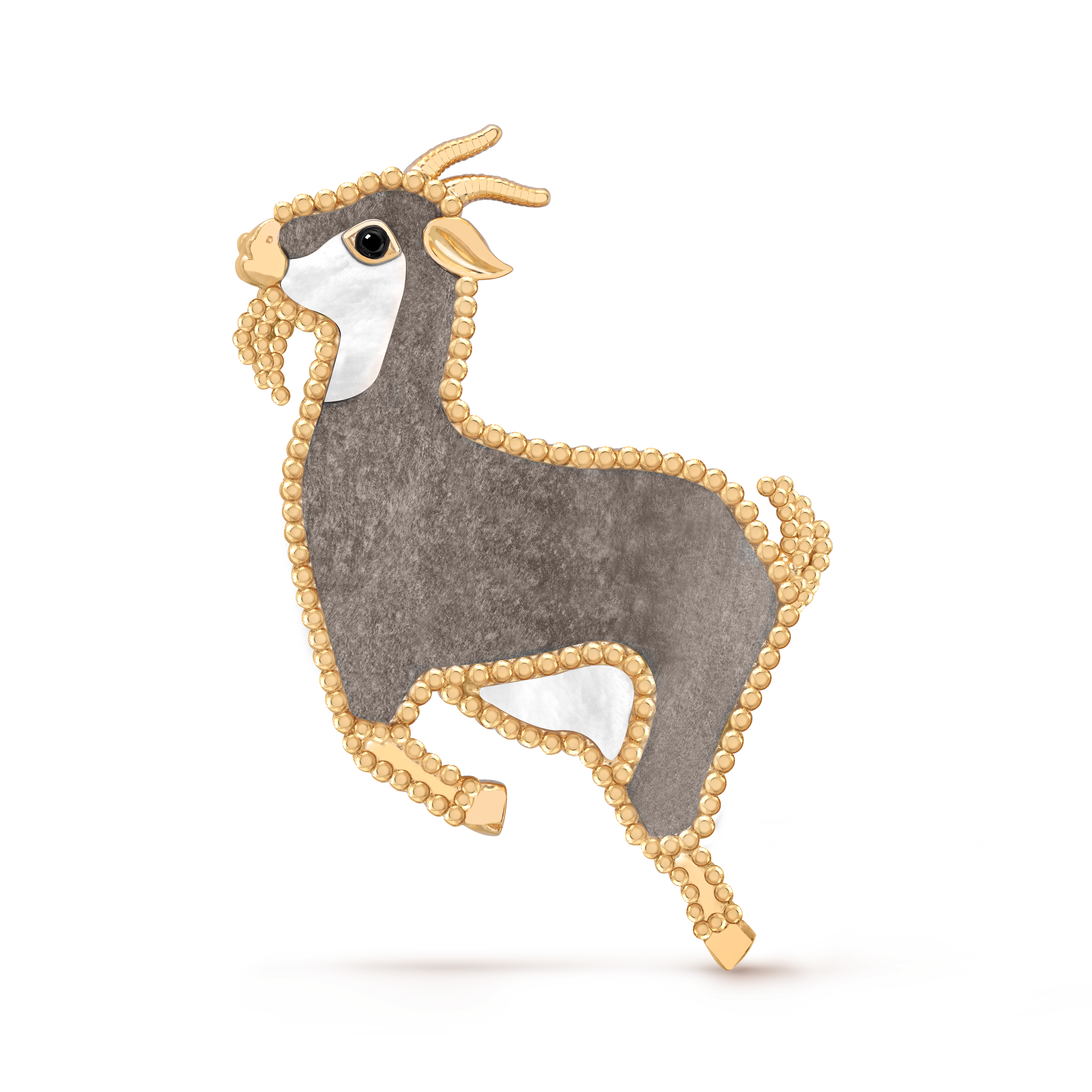 Clip Lucky Animals Chèvre, Or jaune 750/1000, Nacre:  2 pierres, Obsidienne:  1 pierre, Onyx:  1 pierre, Front, Jewelry Clip - Van Cleef & Arpels
