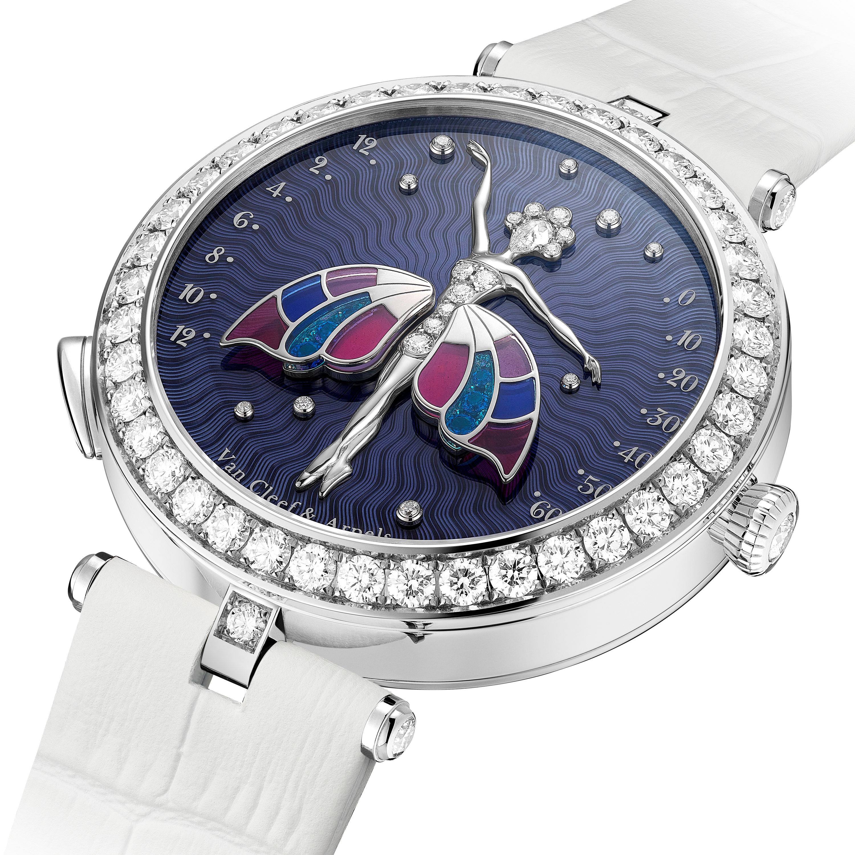 Lady Arpels Ballerine Enchantée watch, 18K white gold, Diamond:  137 stones,  3.92 carats, Sapphire:  6 stones,  0.12 carat, Three Fourth Alternative, Watch - Van Cleef & Arpels