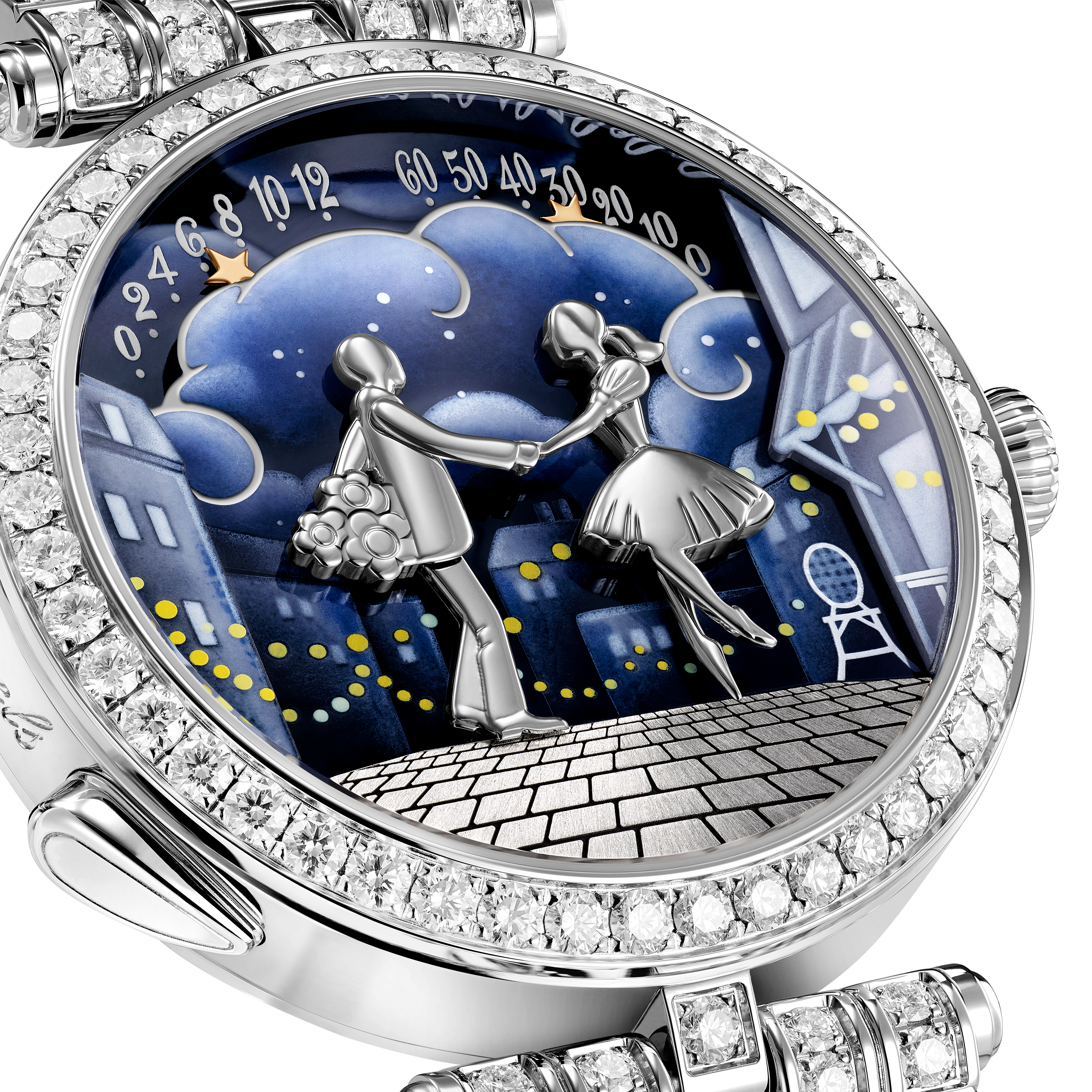 Montre Lady Arpels Bal des Amoureux Automate, Or blanc 750/1000, Diamant:  388 pierres,  12.41 carats, Three Fourth, Watch - Van Cleef & Arpels