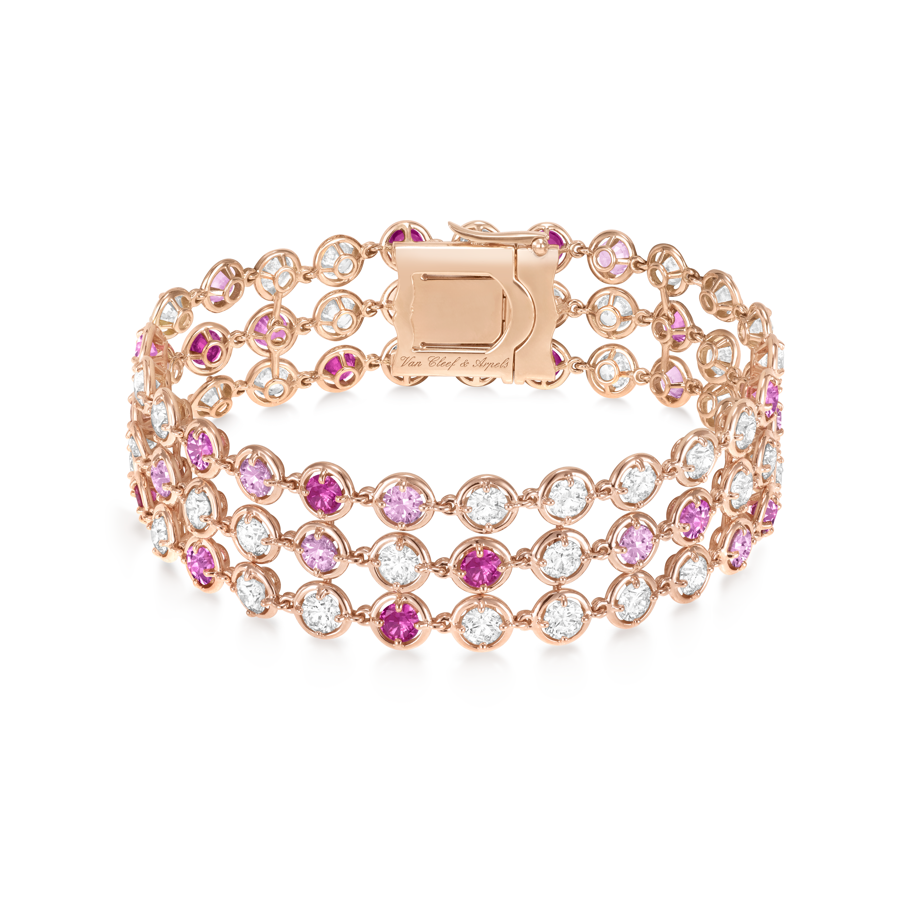 Palmyre 3 rows bracelet, 18K rose gold, Diamond:  48 stones,  6.4 carats, Sapphire:  33 stones,  5.12 carats, Front, High Jewelry Bracelet - Van Cleef & Arpels