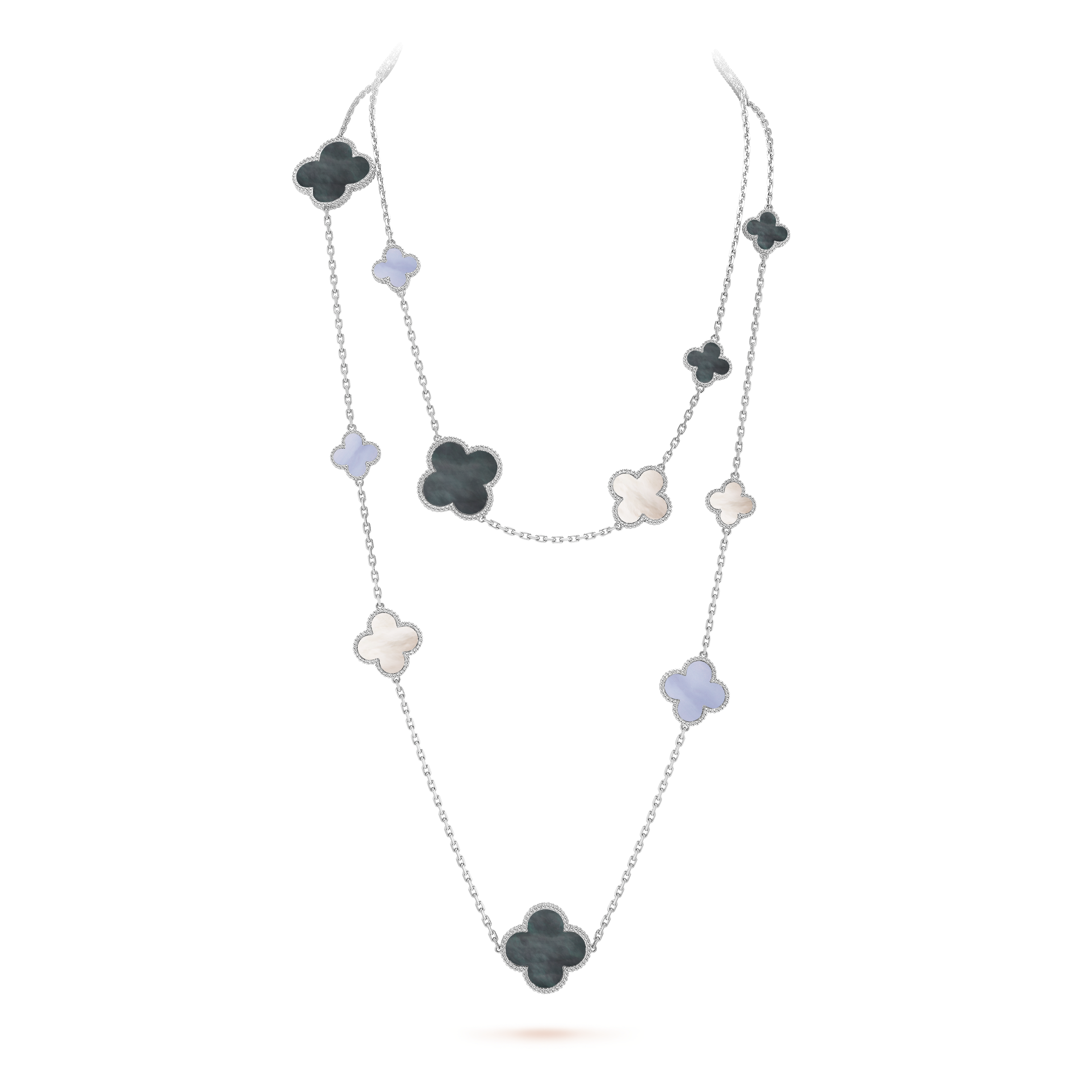 Magic Alhambra necklace, 6 motifs 18K white gold, Chalcedony