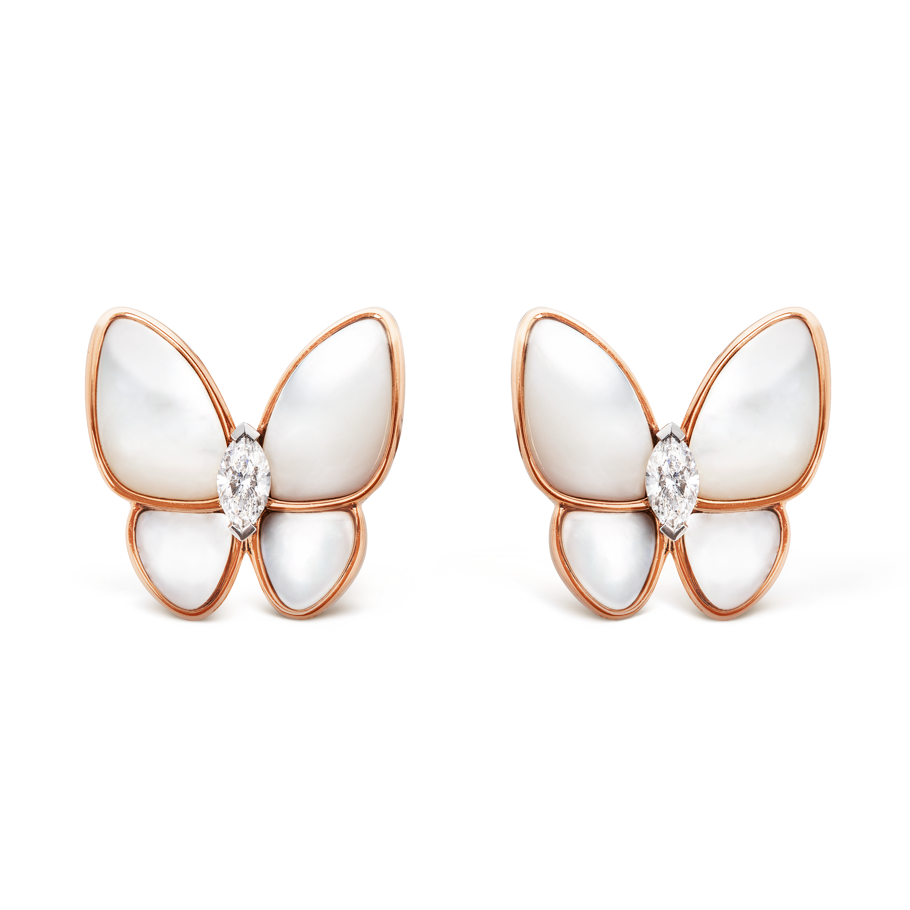 Two Butterfly earrings 18K rose gold, Diamond, Mother-of-pearl - Van Cleef  & Arpels