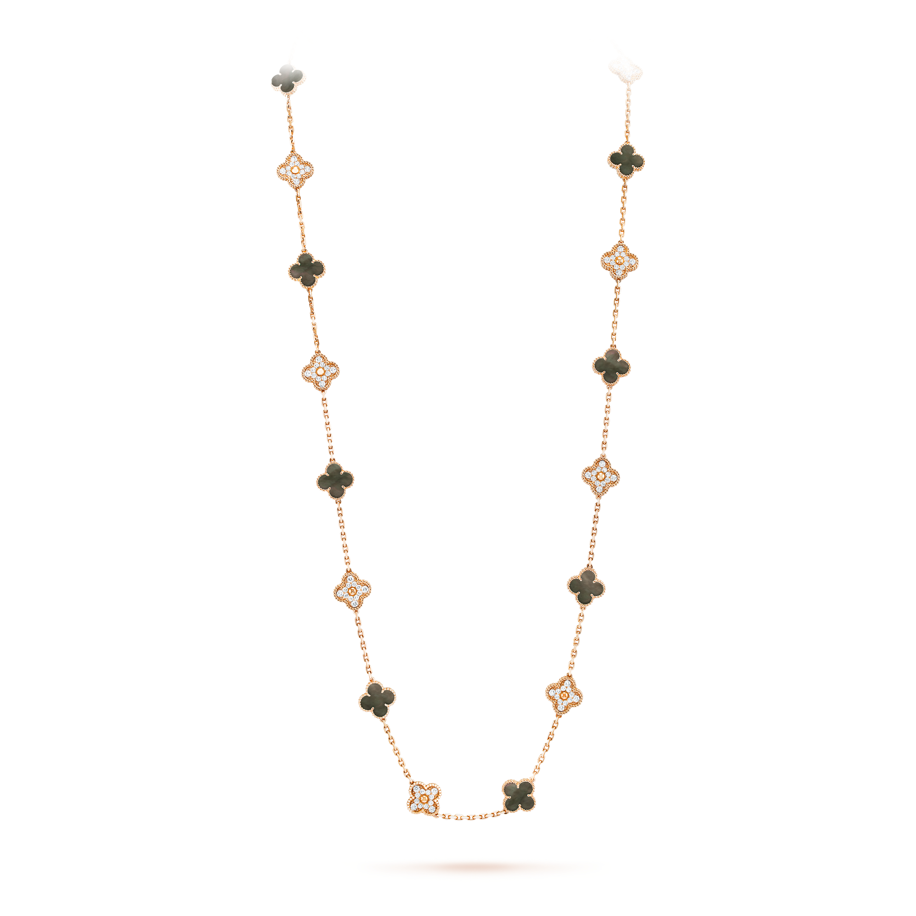 Vintage Alhambra long necklace, 20 motifs 18K rose gold, Diamond