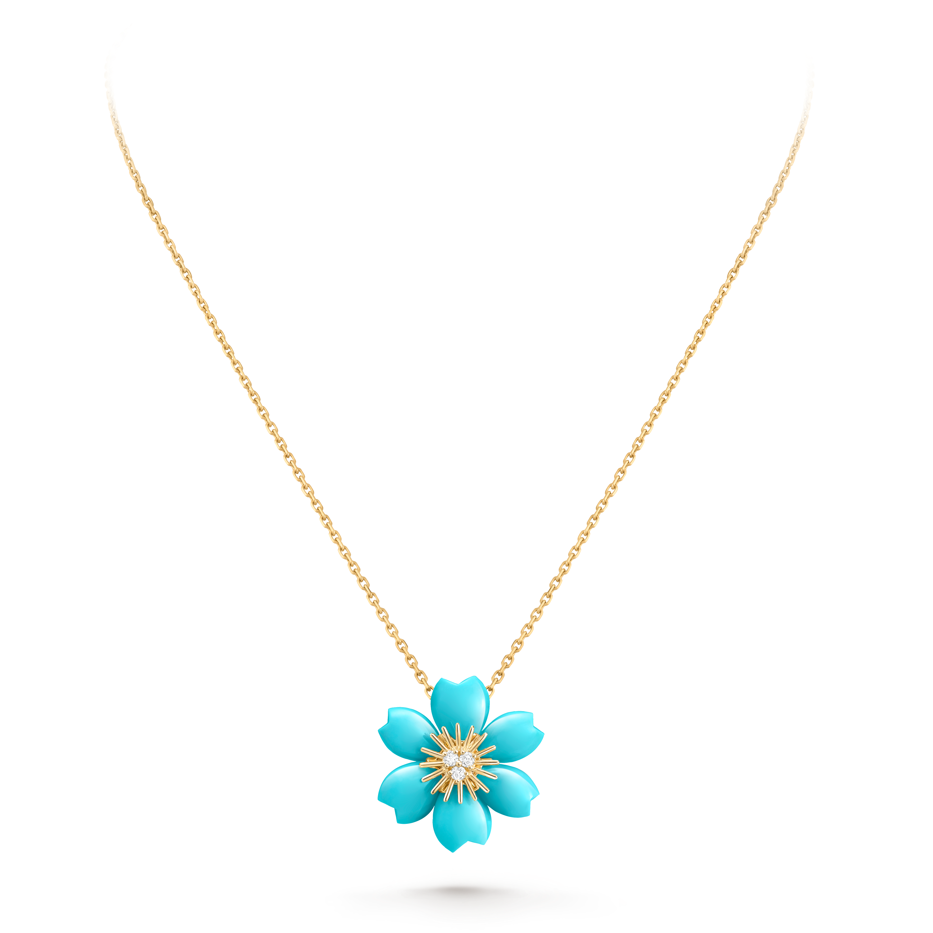 Rose de Noël pendant, mini model, 18K yellow gold, Diamond:  3 stones,  0.1 carat, Turquoise:  6 stones, Back, Jewelry Pendent - Van Cleef & Arpels