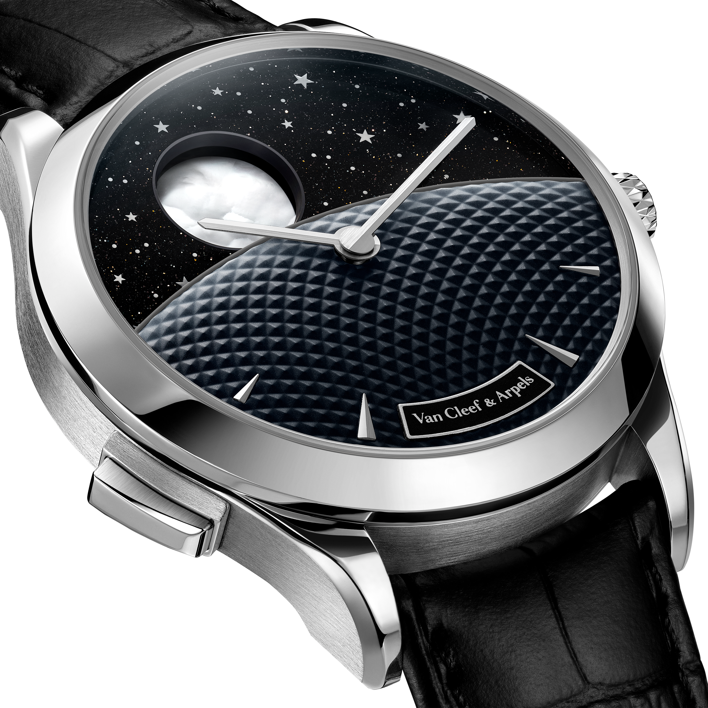 ساعة ميدنايت جور نوي فاز دو لون, ذهب أبيض 18 قيراط, أفنتورين:  2 أحجار, عرق اللؤلؤ:  2 أحجار, Three Fourth, Watch - Van Cleef & Arpels