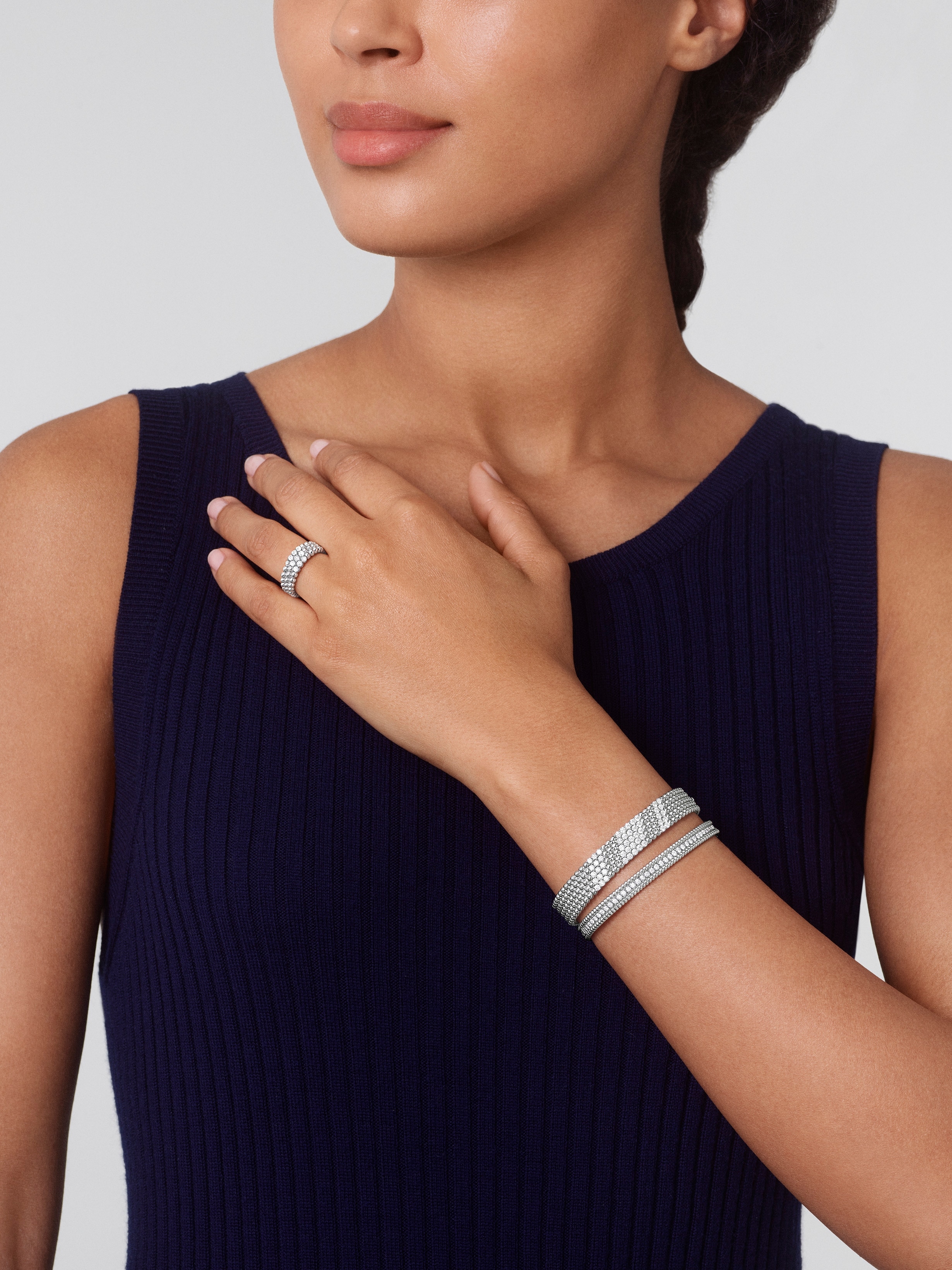 Perlée diamonds ring, 3 rows, 18K white gold, Diamond:  9 stones,  0.31 carat, Worn Alternative, Jewelry Ring - Van Cleef & Arpels