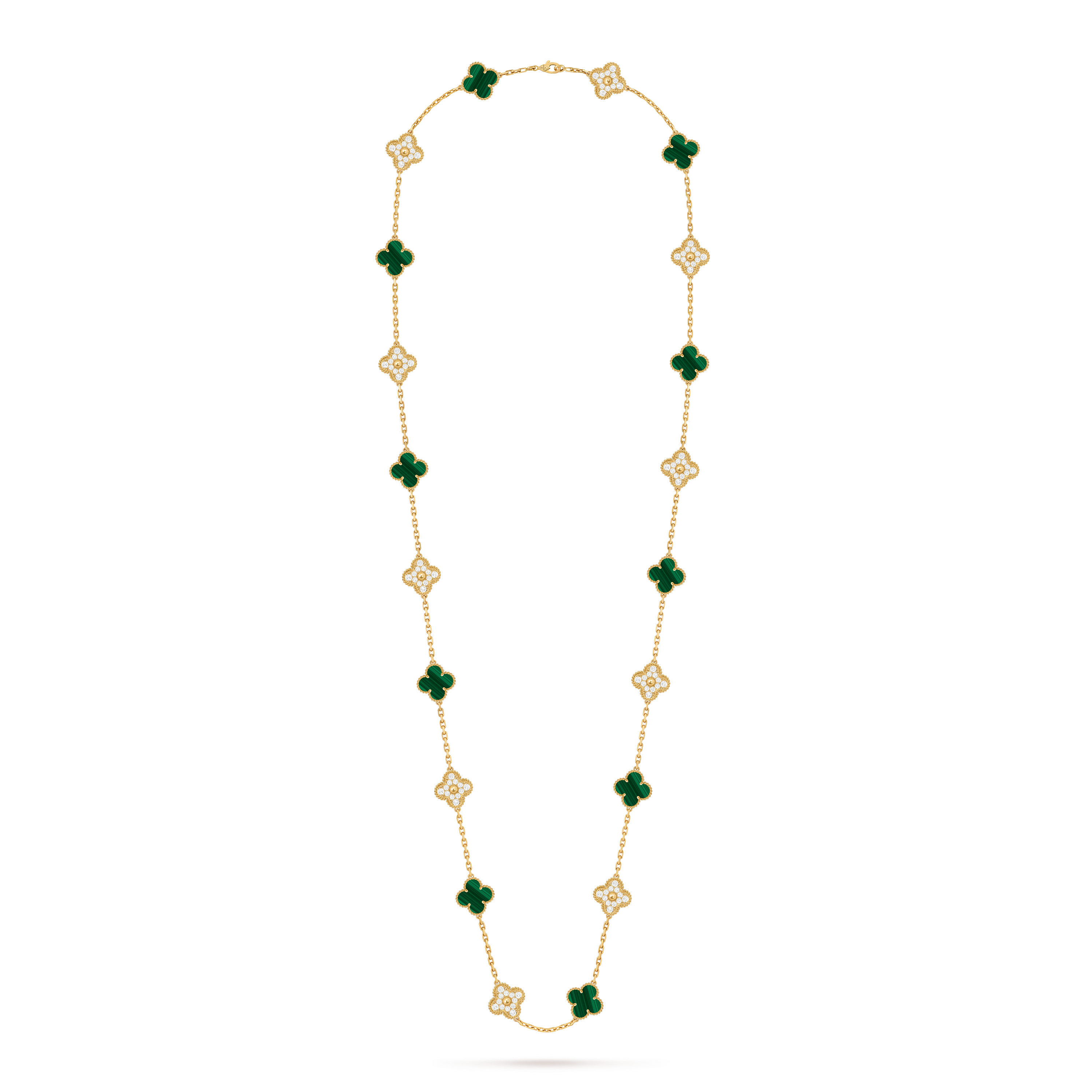 Vintage Alhambra long necklace, 20 motifs, 18K yellow gold, Diamond:  120 stones,  4.83 carats, Malachite:  10 stones, Front, Jewelry Long Necklace - Van Cleef & Arpels