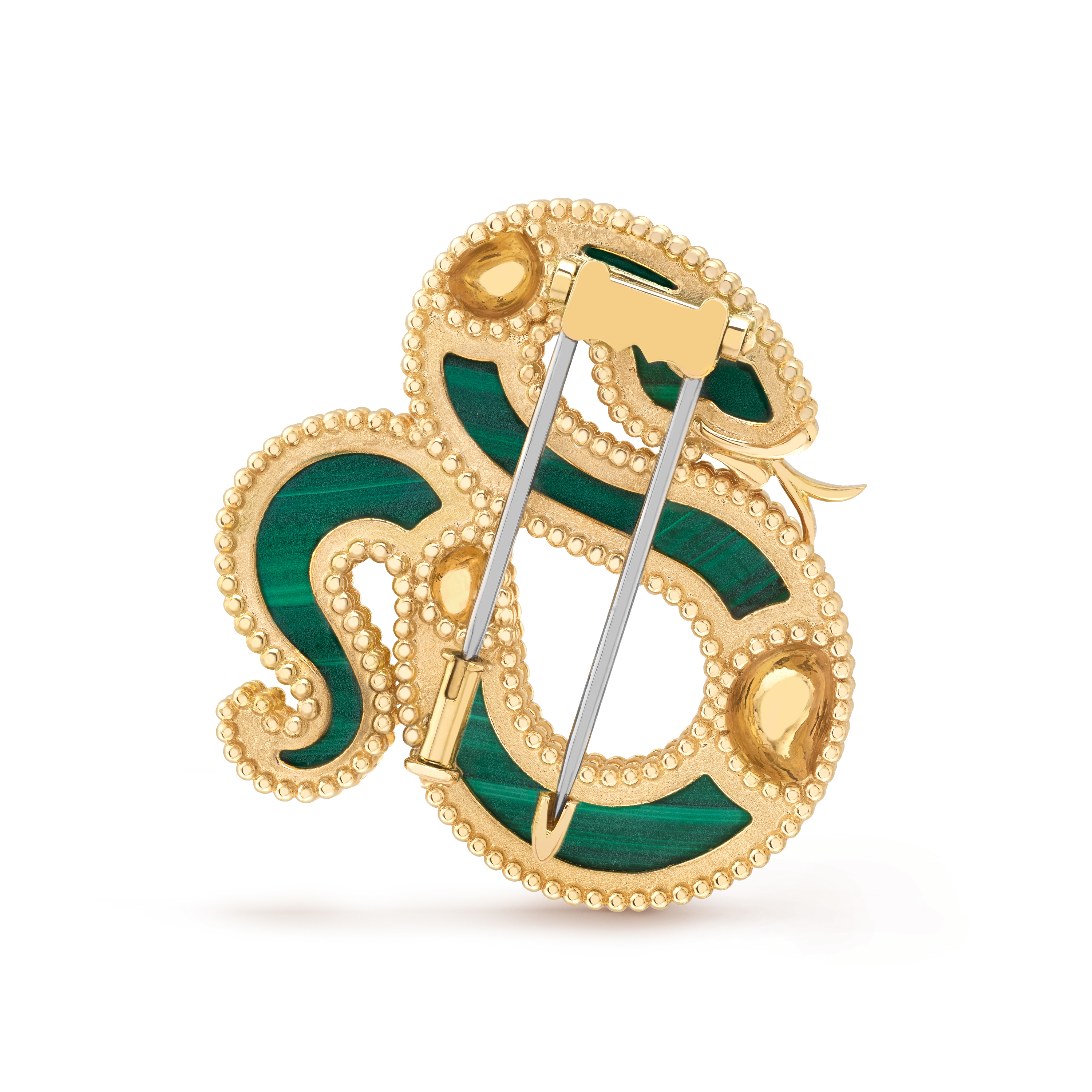 Clip Lucky Animals Serpent, Or jaune 750/1000, Malachite:  4 pierres, Onyx:  1 pierre, Back, Jewelry Clip - Van Cleef & Arpels