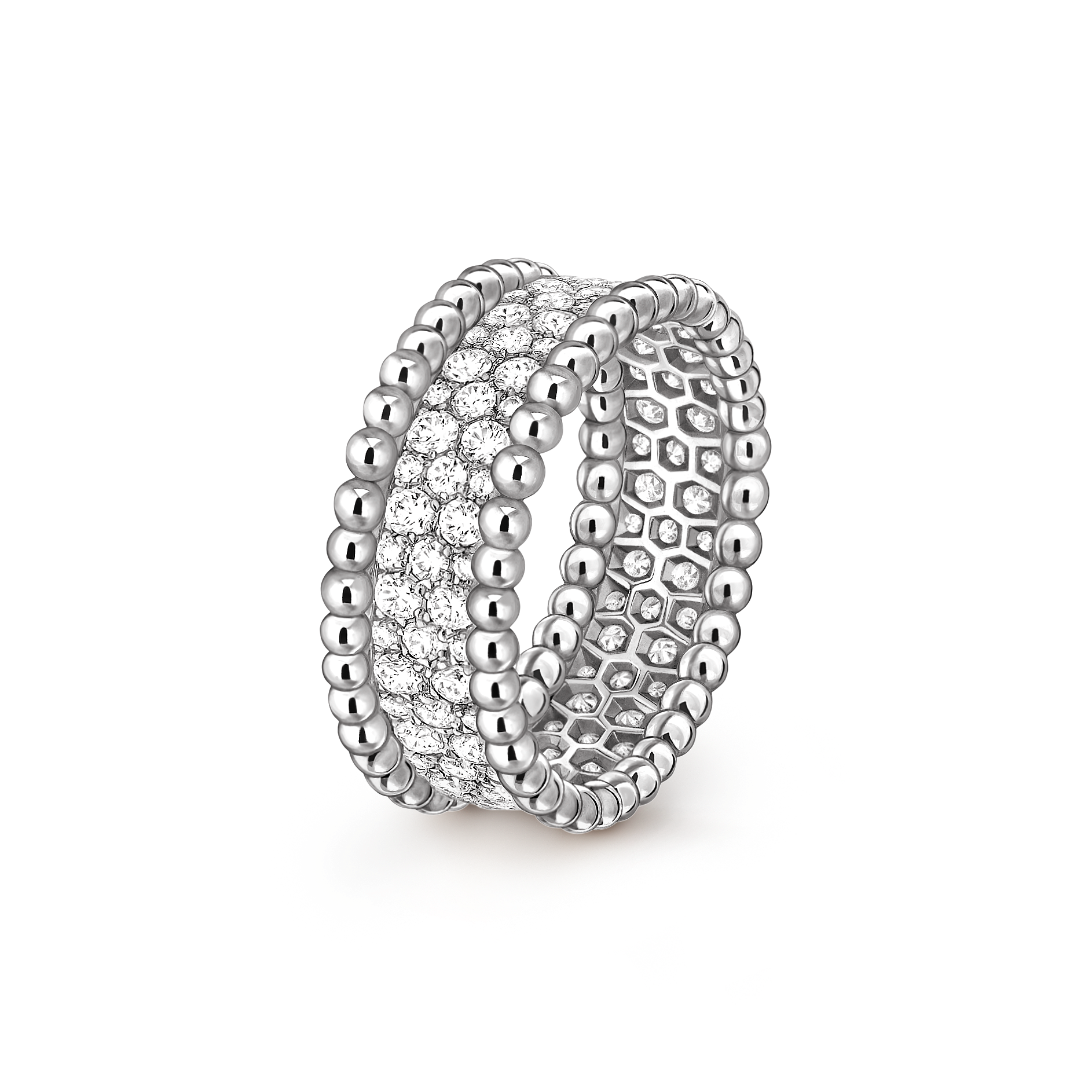 Perlée diamonds ring, 3 rows, 18K white gold, Diamond:  95 stones,  1.11 carats, Three Fourth, Jewelry Ring - Van Cleef & Arpels