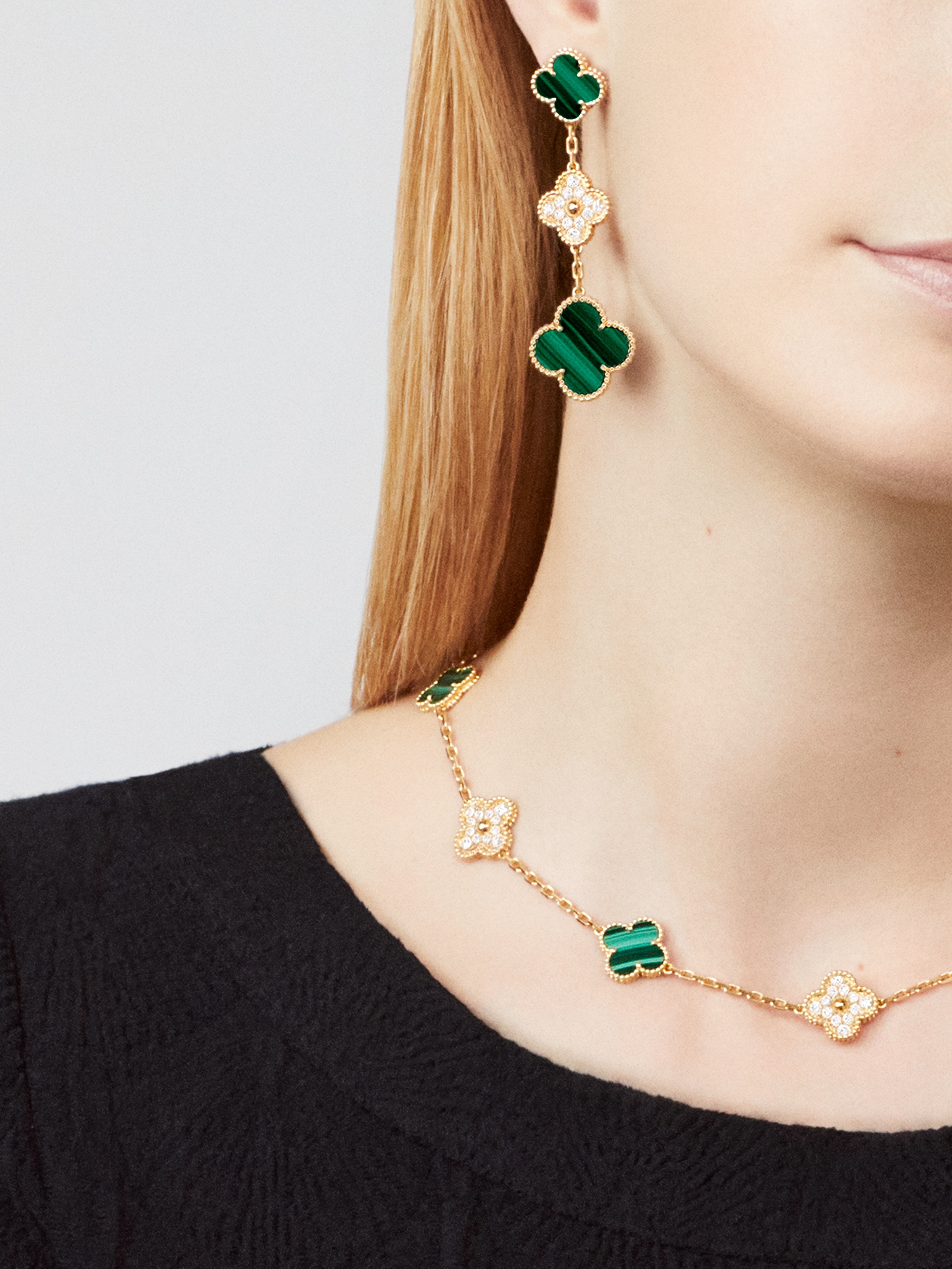 Magic Alhambra earrings, 3 motifs 18K yellow gold, Diamond, Malachite - Van  Cleef & Arpels