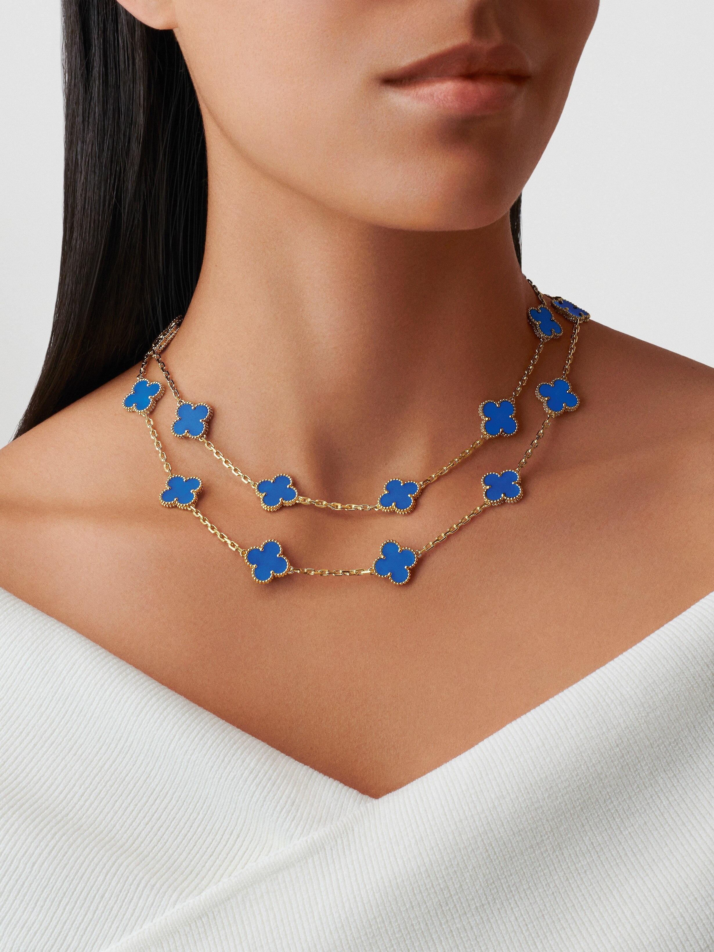 Vintage Alhambra Long Necklace 20 Motifs 18K Yellow Gold Agate Van 
