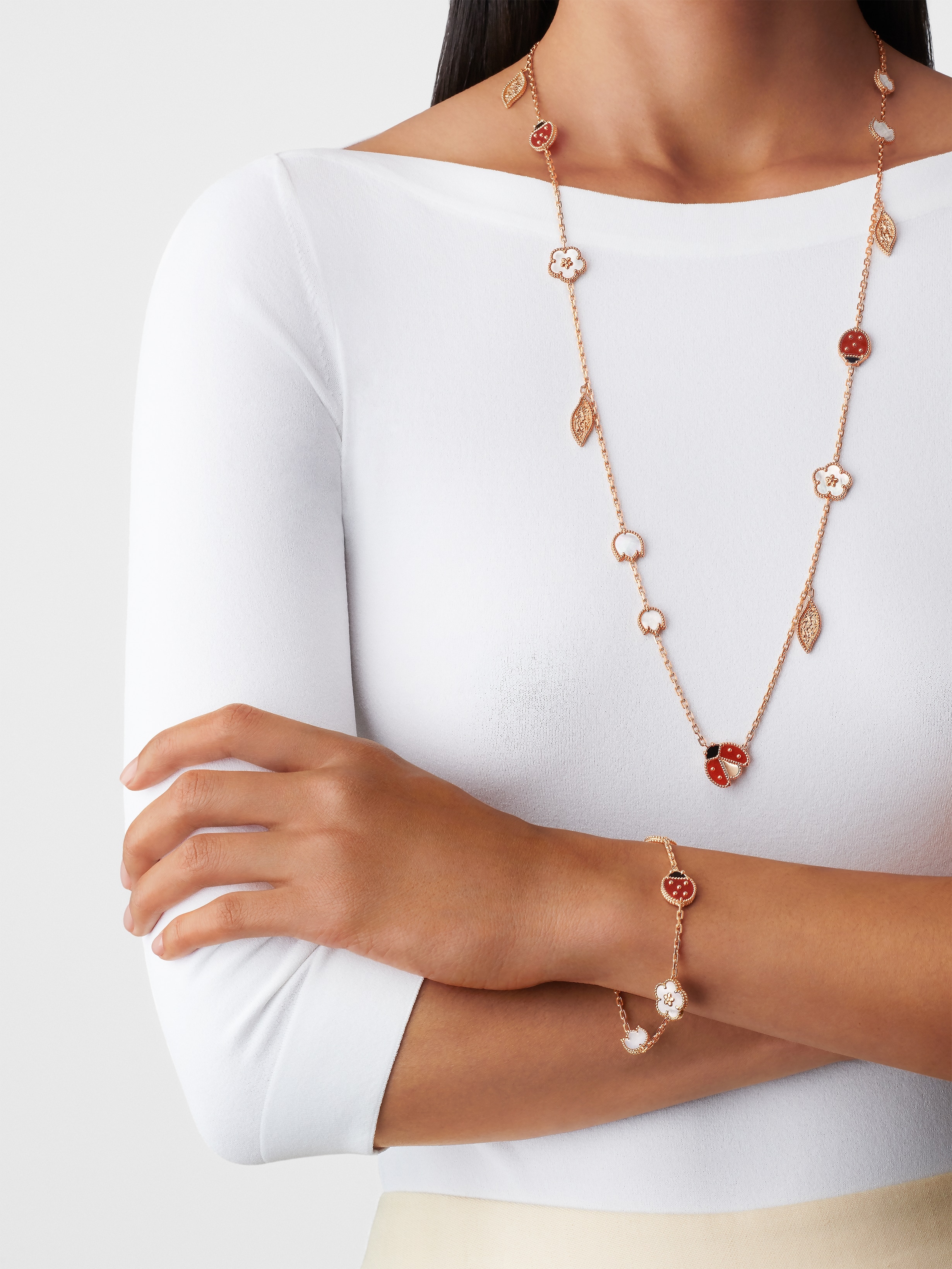 Lucky Spring long necklace, 15 motifs 18K rose gold, Carnelian