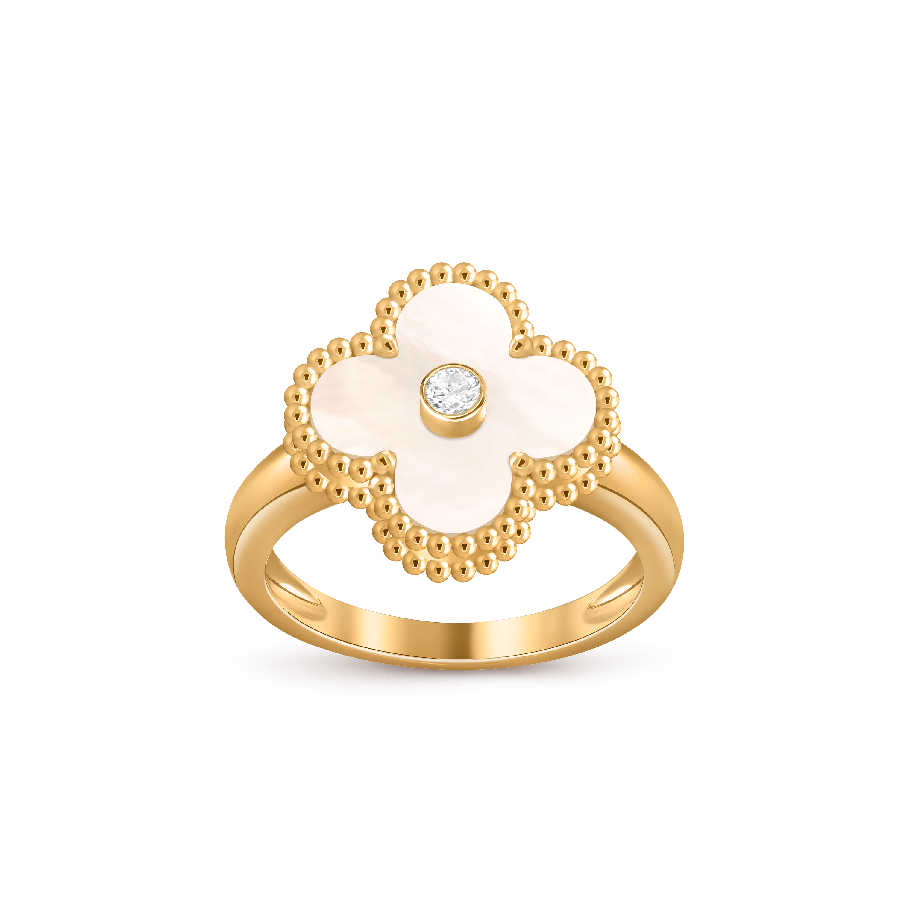 Vintage Alhambra ring, 18K yellow gold, Diamond:  1 stone,  0.05 carat, Mother-of-pearl:  1 stone, Front, Jewelry Ring - Van Cleef & Arpels