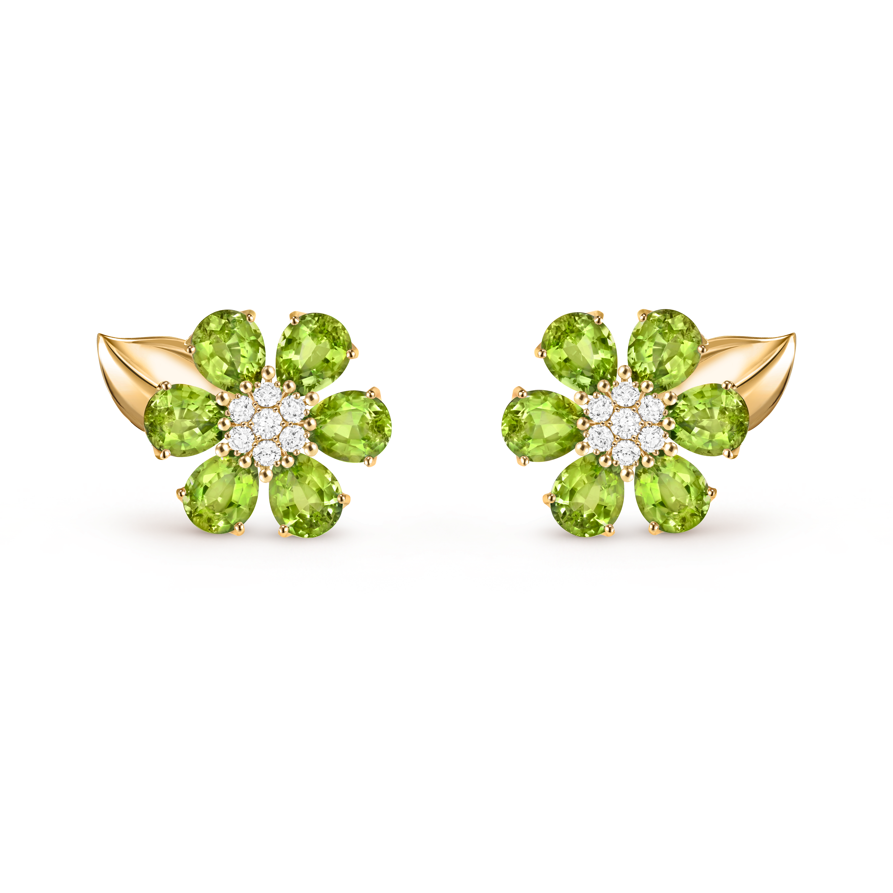 Fleurs d’Hawaï earrings, 18K yellow gold, Diamond:  14 stones,  0.39 carat, Peridot:  12 stones,  9.24 carats, Front, Jewelry Earrings - Van Cleef & Arpels