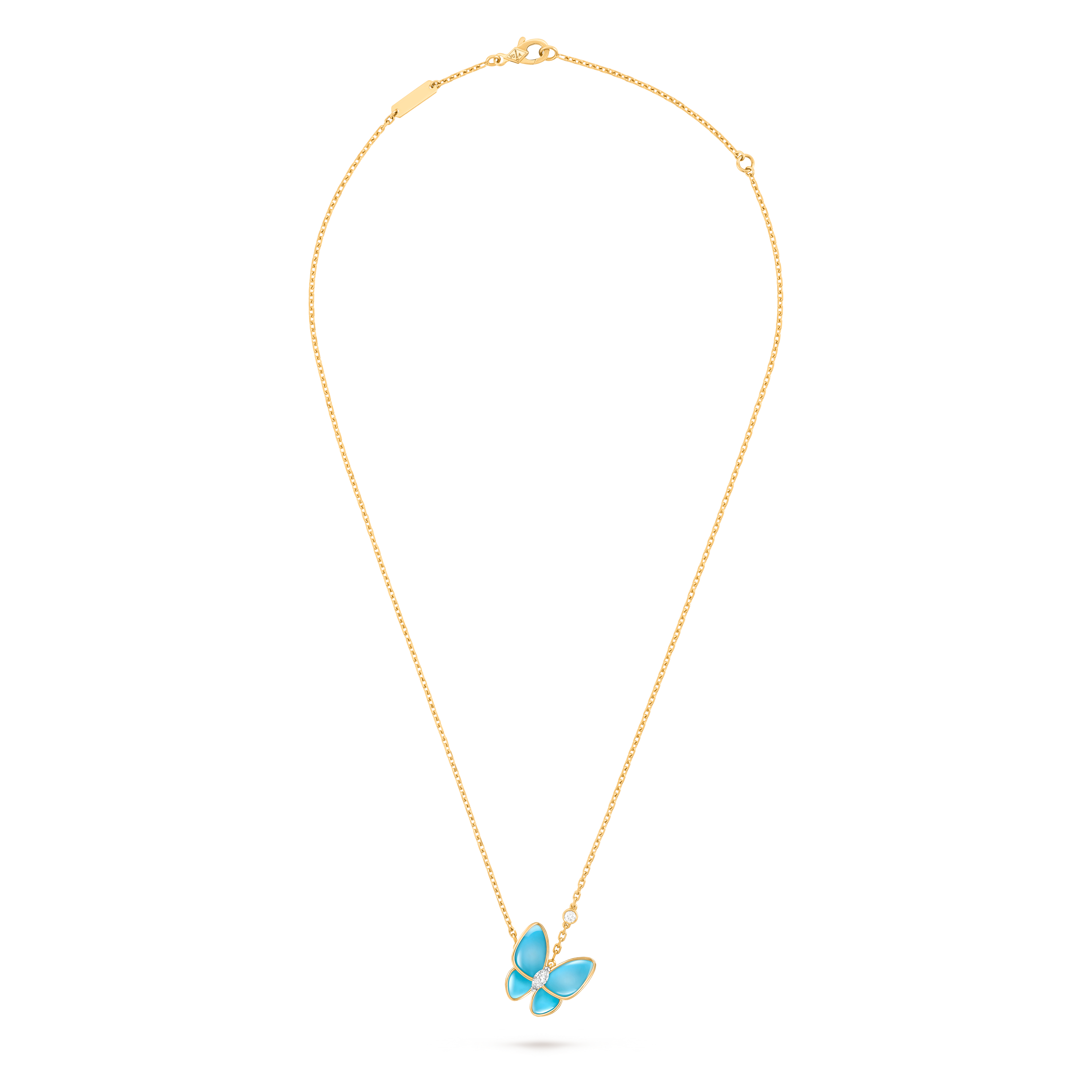 Two Butterfly pendant, 18K yellow gold, 18K white gold, Diamond:  2 stones,  0.2 carat, Turquoise:  4 stones, Front, Jewelry Pendent - Van Cleef & Arpels