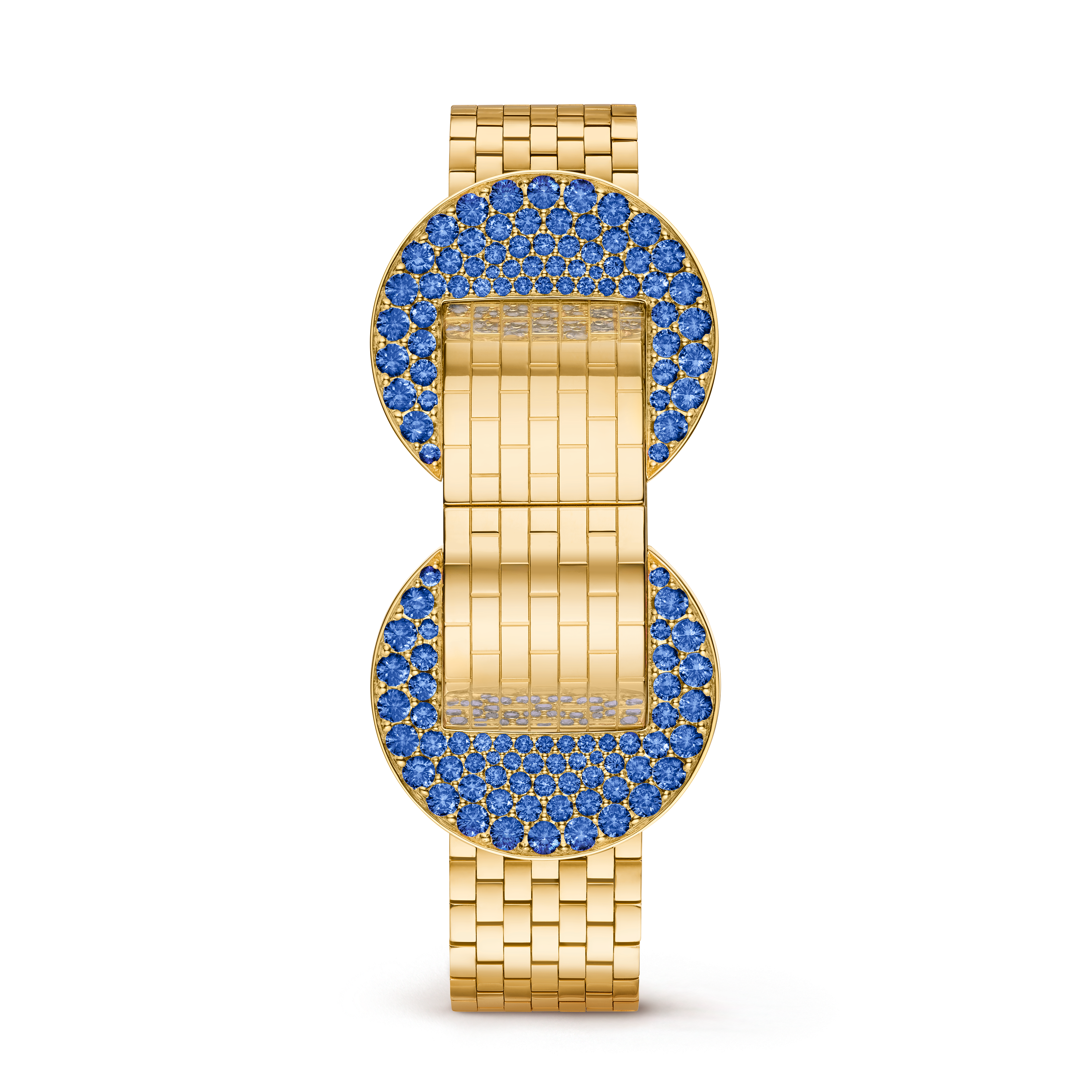 Ludo Secret watch, 18K yellow gold, Mother-of-pearl:  1 stone, Sapphire:  185 stones,  6.28 carats, Front, Watch