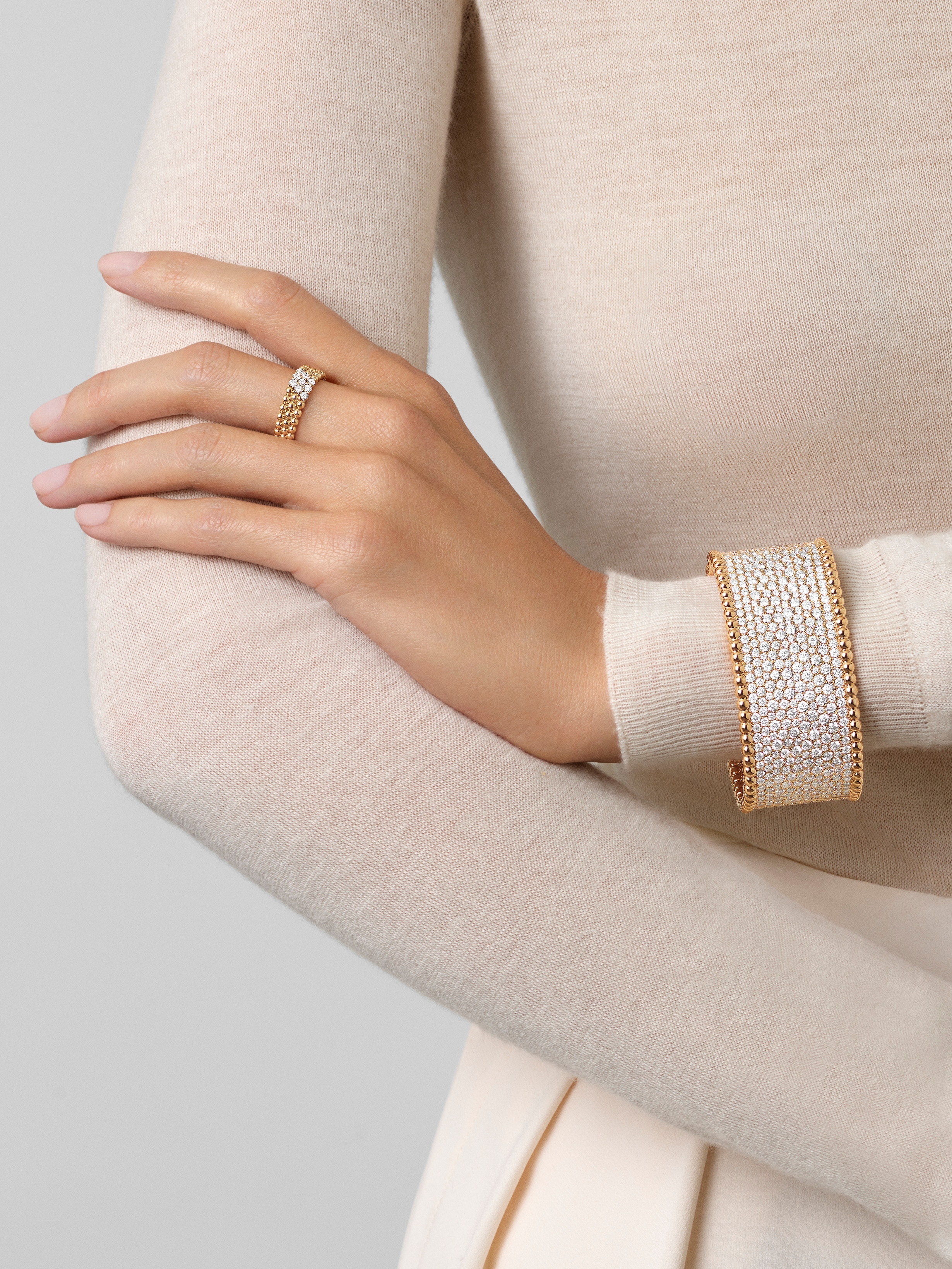 Perlée diamonds cuff bracelet, small model, 18K yellow gold, Diamond:  714 stones,  36.31 carats, Worn Alternative, Jewelry Bracelet - Van Cleef & Arpels