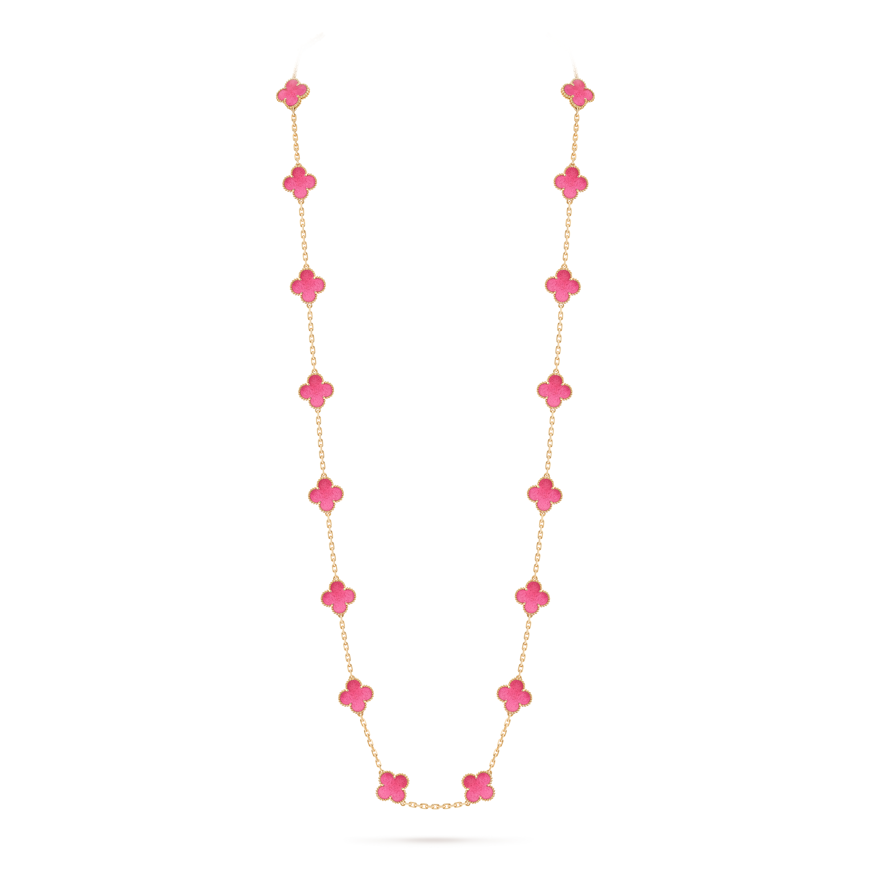 Vintage Alhambra long necklace, 20 motifs, 18K yellow gold, On Stand, Jewelry Long Necklace - Van Cleef & Arpels