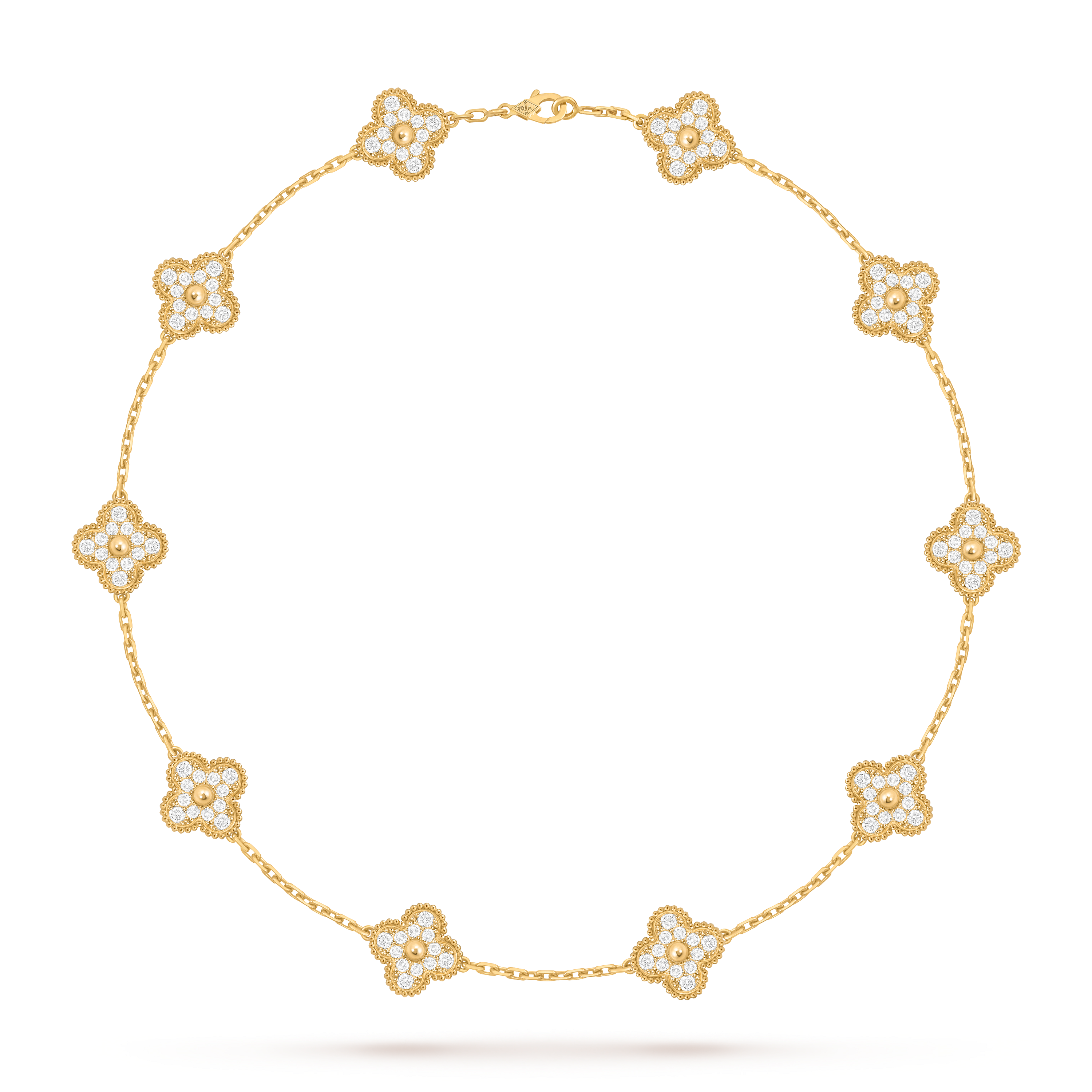 Vintage Alhambra necklace, 10 motifs, 18K yellow gold, Diamond:  120 stones,  4.83 carats, Front, Jewelry Necklace - Van Cleef & Arpels