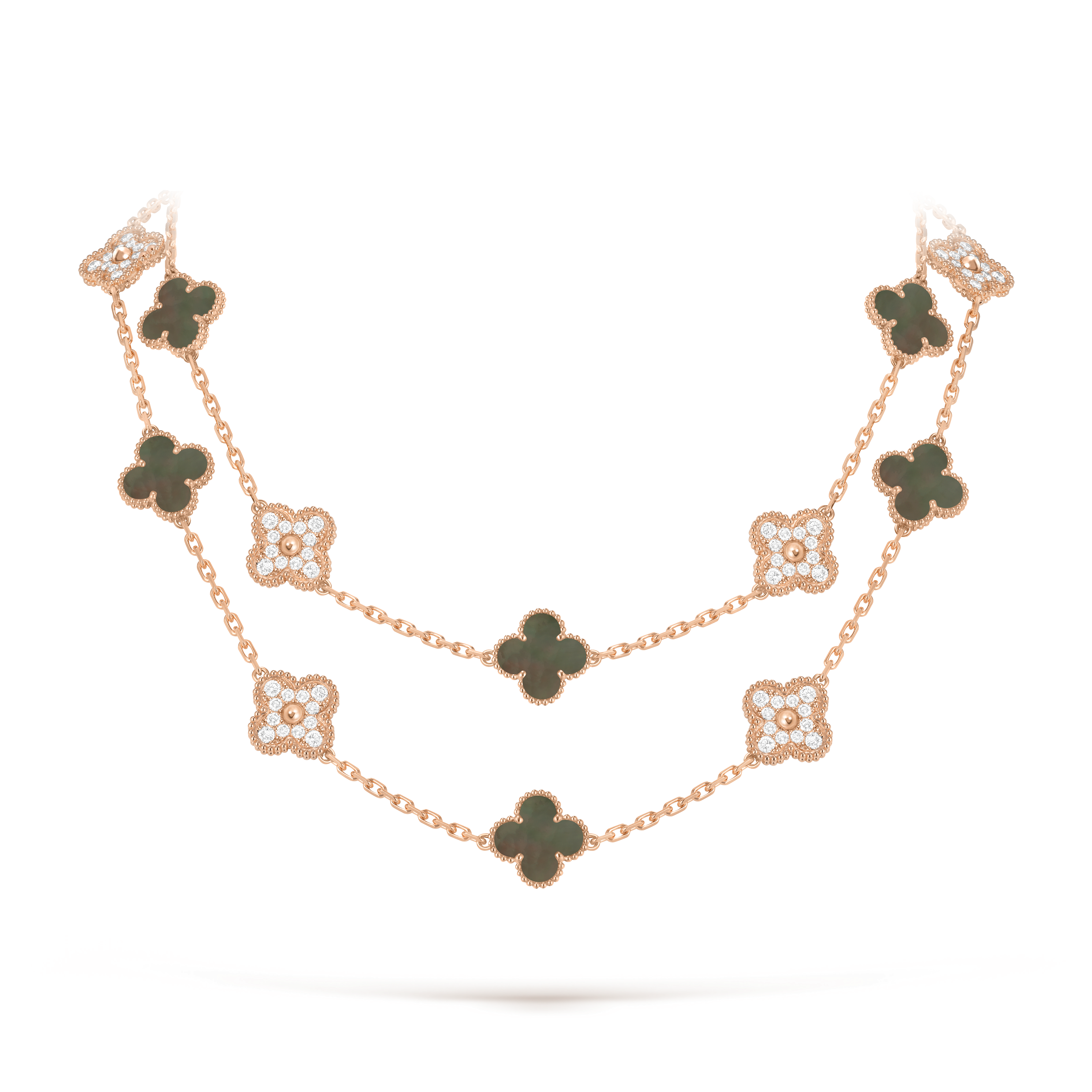 Vintage Alhambra long necklace, 20 motifs, 18K rose gold, Diamond:  120 stones,  4.83 carats, Mother-of-pearl:  10 stones, Detail, Jewelry Long Necklace - Van Cleef & Arpels