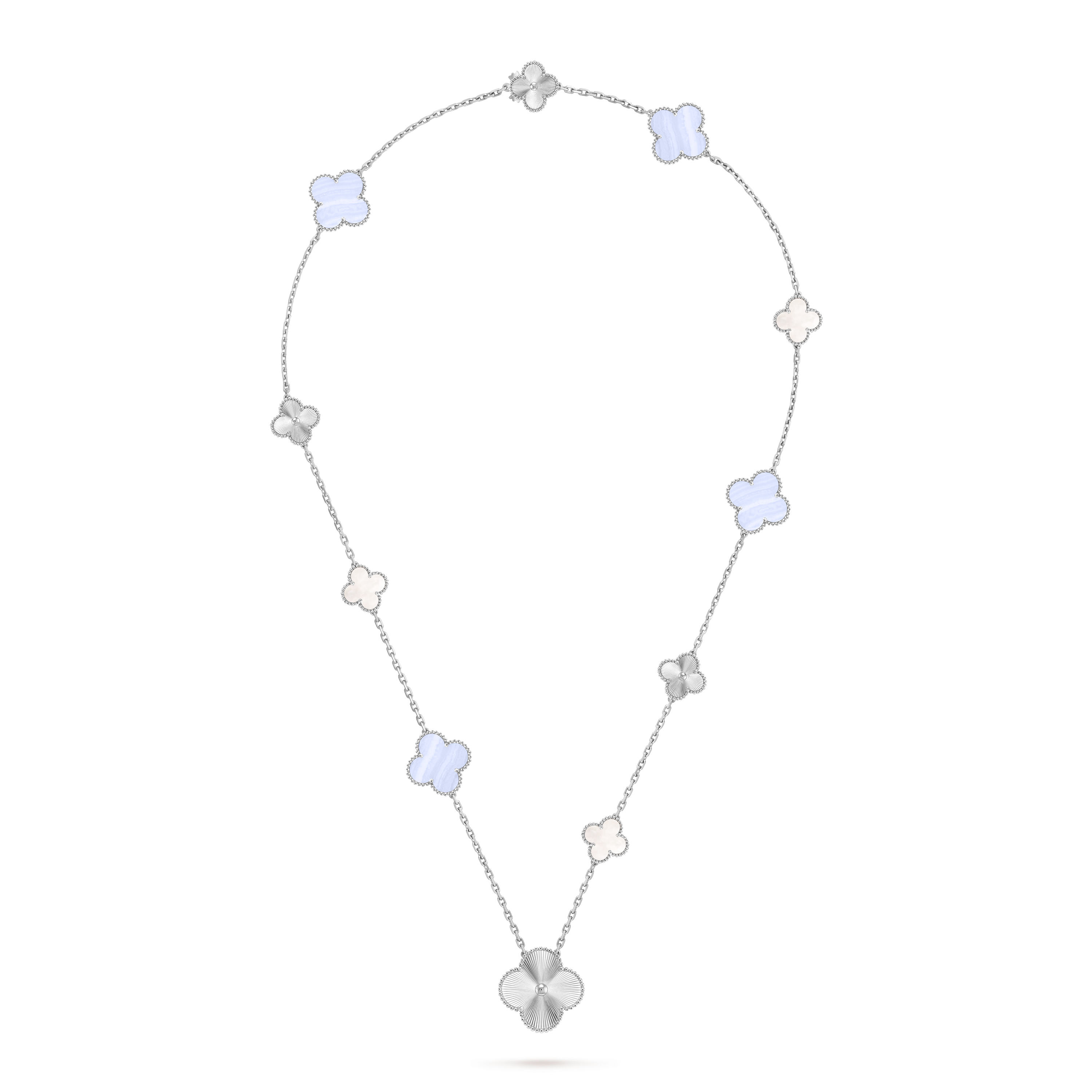 Magic Alhambra transformable long necklace, 15 motifs, 18K white gold, Chalcedony:  6 stones, Mother-of-pearl:  5 stones, Detail Alternative, Jewelry Long Necklace - Van Cleef & Arpels