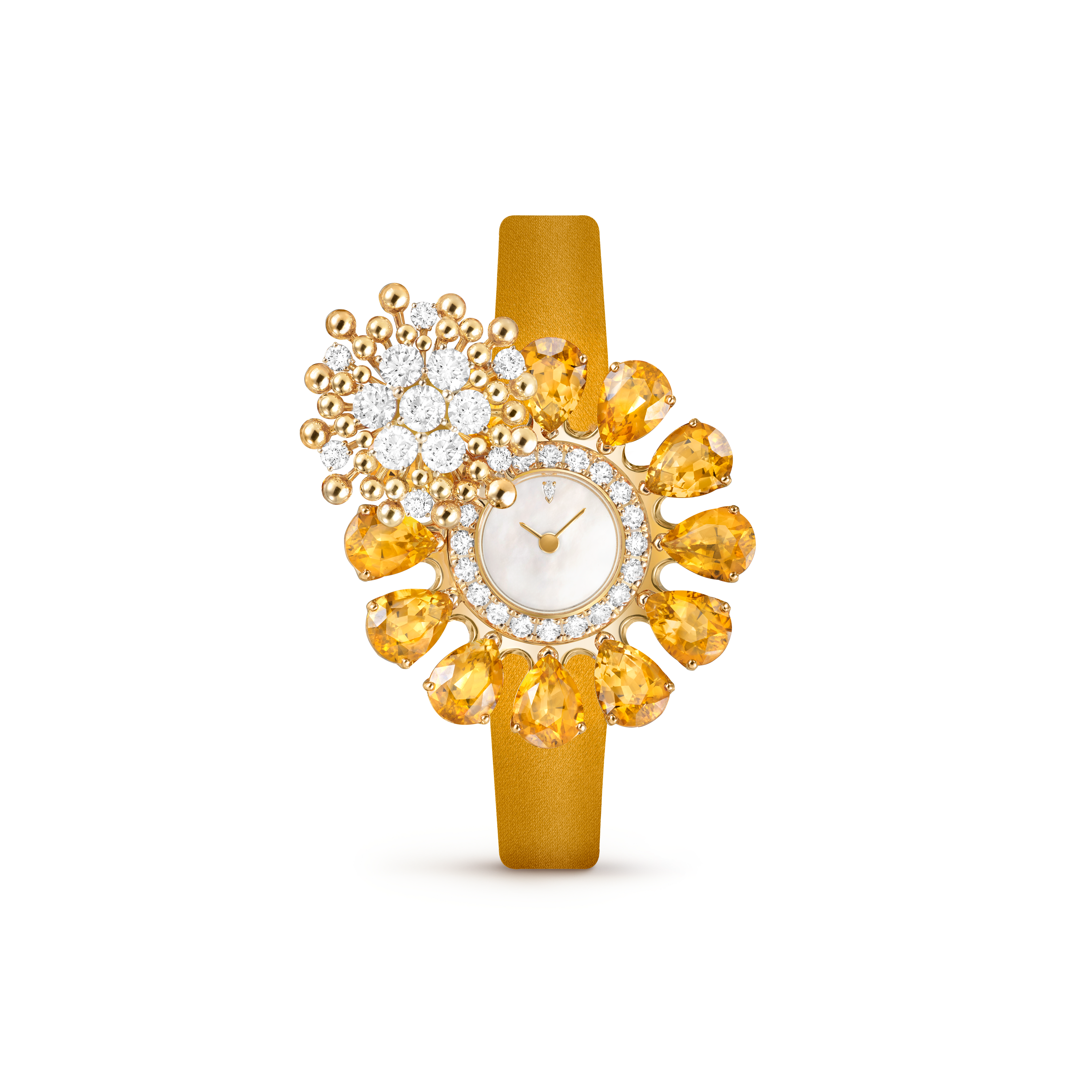 Montre à secret Fleurs d’Hawaï, Or jaune 750/1000, Citrine:  12 pierres,  11.4 carats, Diamant:  59 pierres,  2.63 carats, Nacre:  1 pierre, Front, Watch - Van Cleef & Arpels