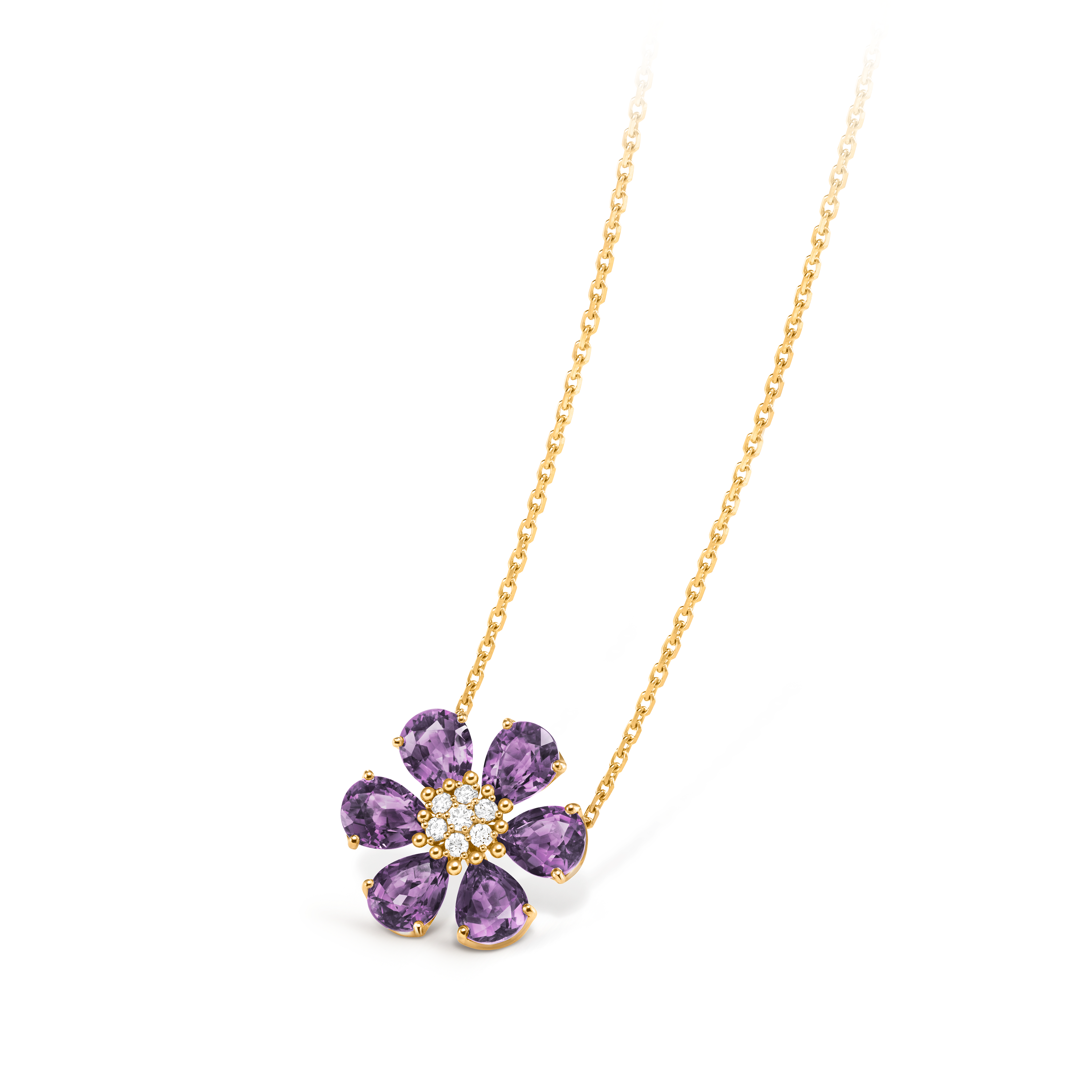 Fleurs d’Hawaï pendant, 18K yellow gold, Amethyst:  6 stones,  6.06 carats, Diamond:  7 stones,  0.19 carat, Back, Jewelry Pendent - Van Cleef & Arpels