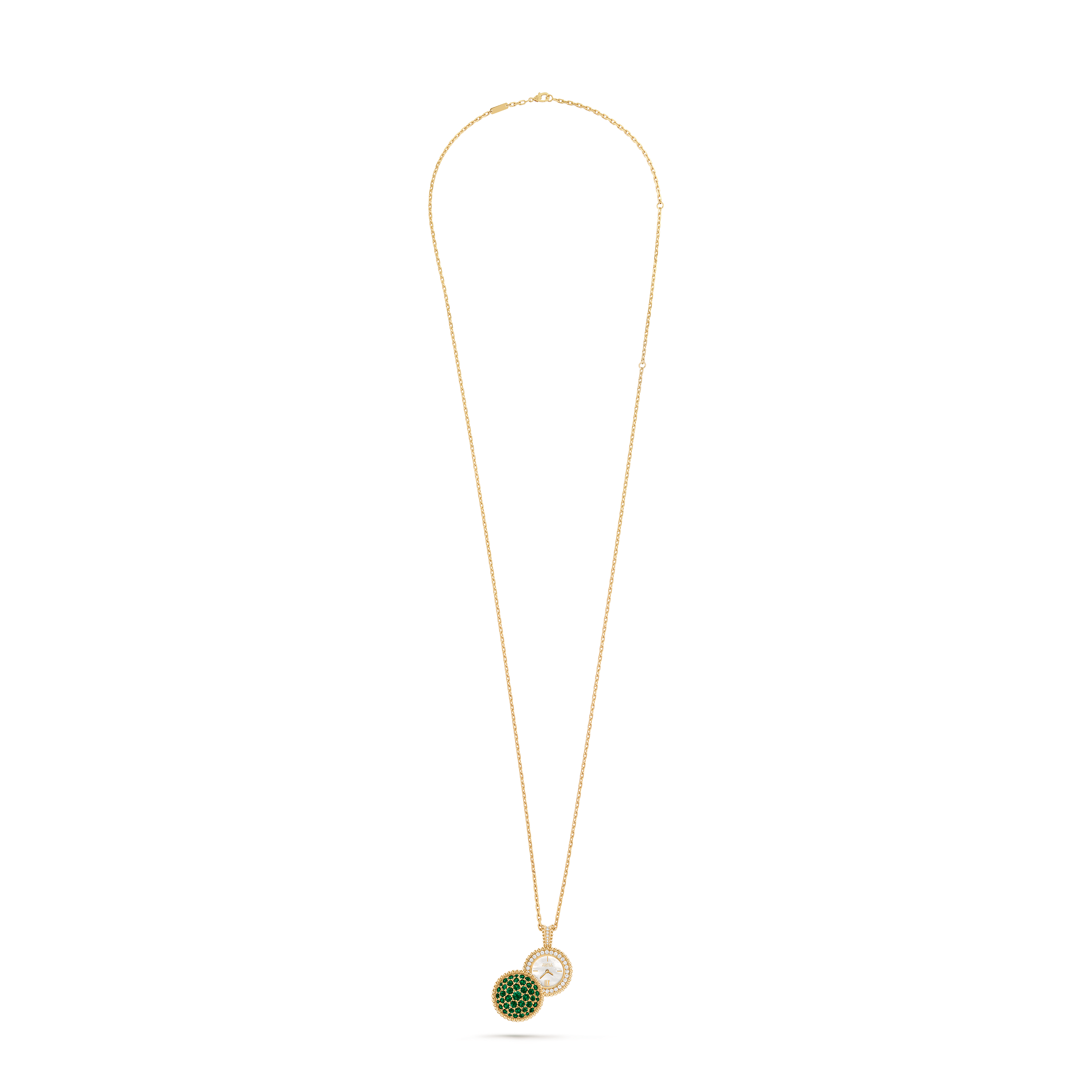 Perlée secret pendant watch, 18K yellow gold, Diamond:  40 stones,  0.92 carat, Emerald:  43 stones,  3.52 carats, Mother-of-pearl:  1 stone, Open, Watch - Van Cleef & Arpels