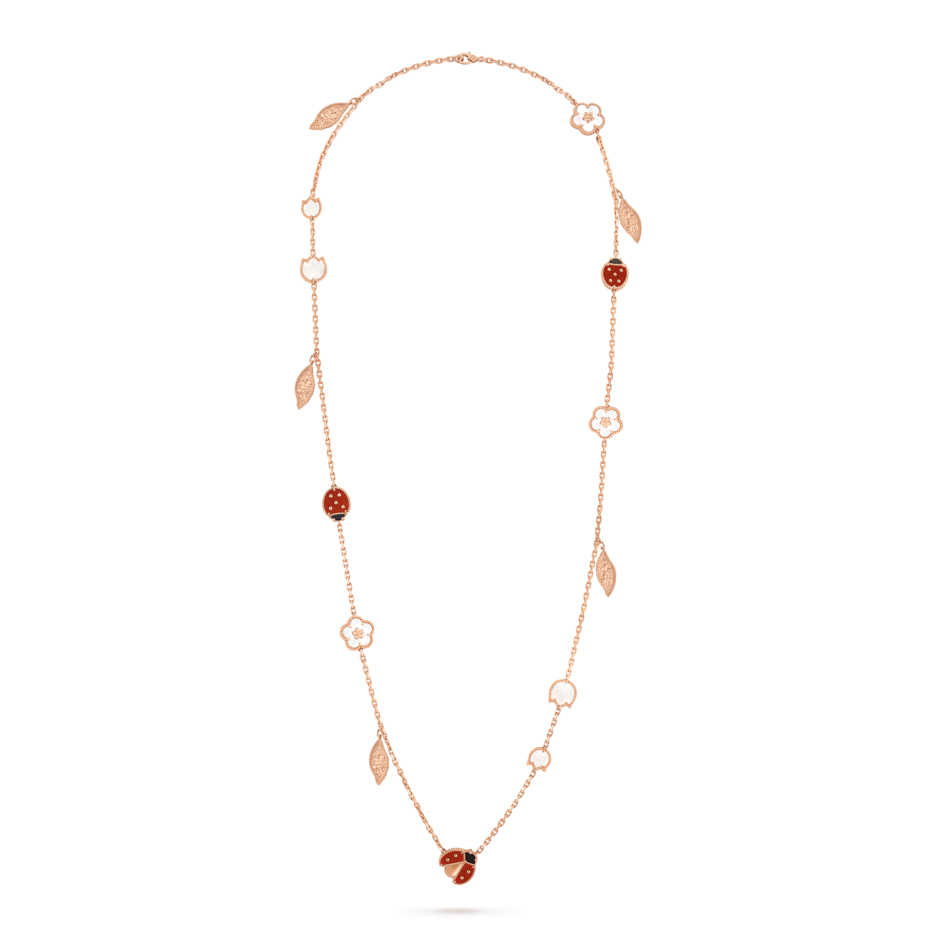 Lucky Spring long necklace, 15 motifs, 18K rose gold, Carnelian:  4 stones, Mother-of-pearl:  7 stones, Onyx:  3 stones, Front, Jewelry Long Necklace - Van Cleef & Arpels