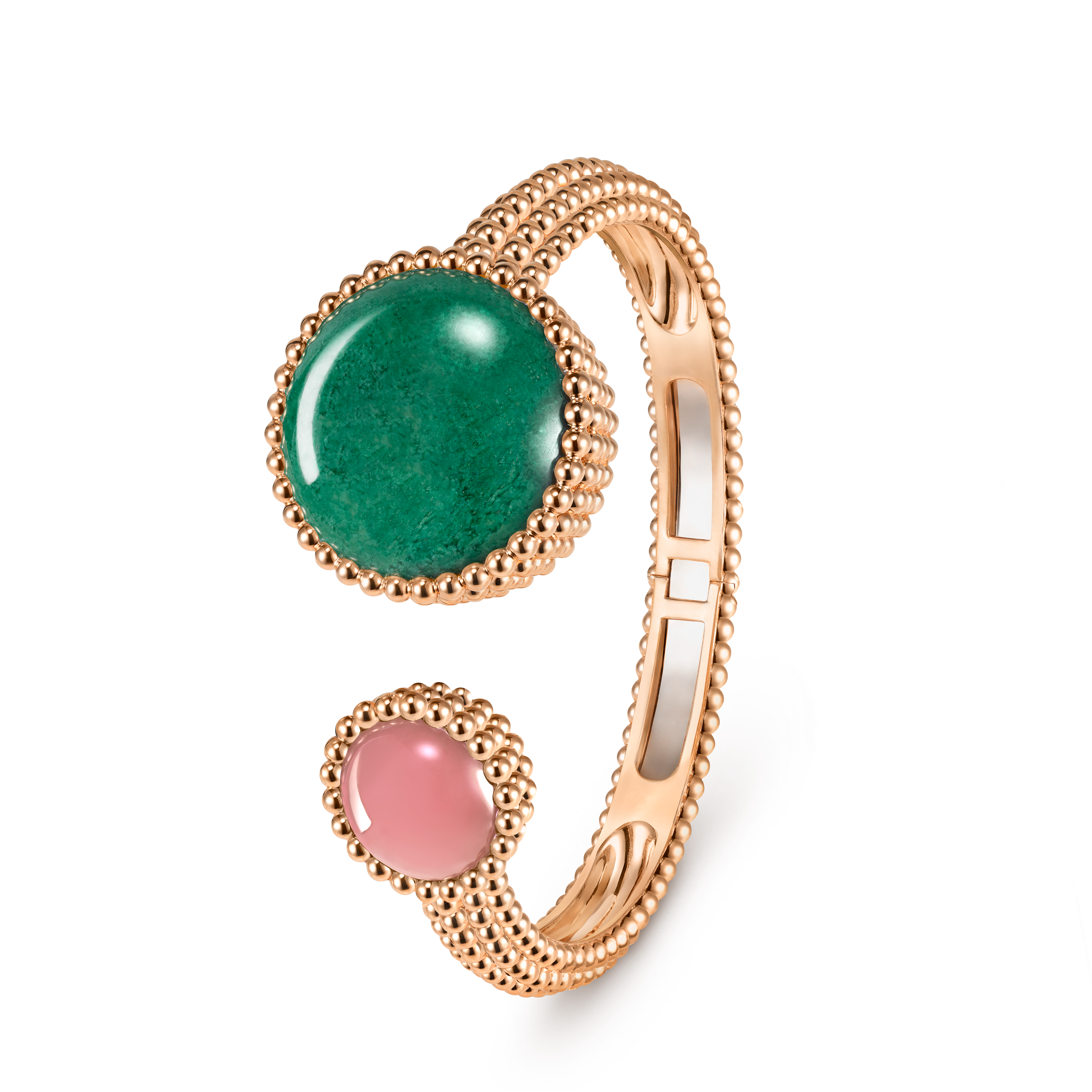 Perlée Toi & Moi secret watch, small model, 18K rose gold, Diamond:  25 stones,  0.77 carat, Jasper:  1 stone, Mother-of-pearl:  1 stone, Quartz:  1 stone, Three Fourth Alternative, Watch - Van Cleef & Arpels