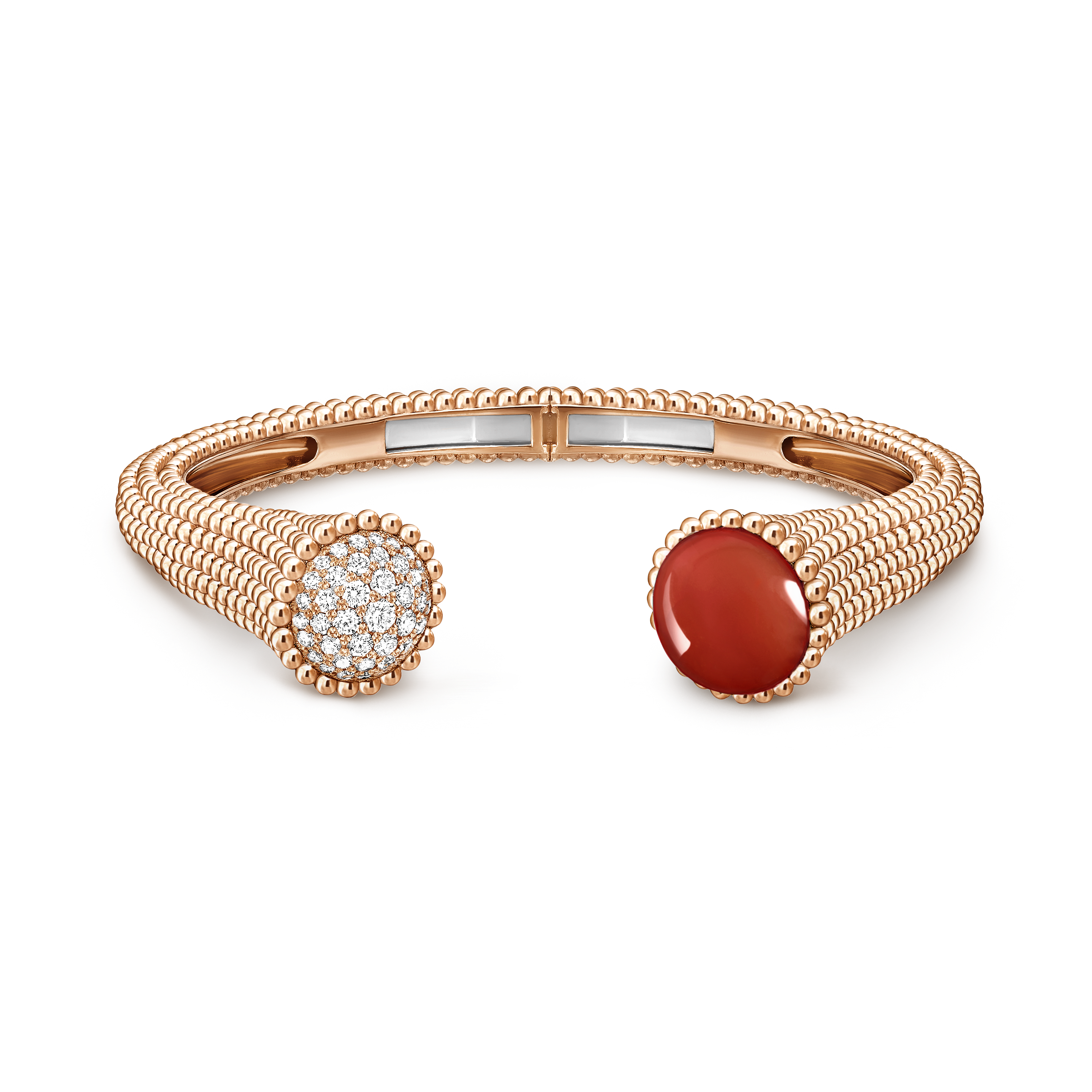 Armband Perlée Couleurs, großes Modell, 18 Karat Roségold, Diamant:  43 Steine,  0.73 Karat, Karneol:  1 Steine, Front, Jewelry Bracelet - Van Cleef & Arpels