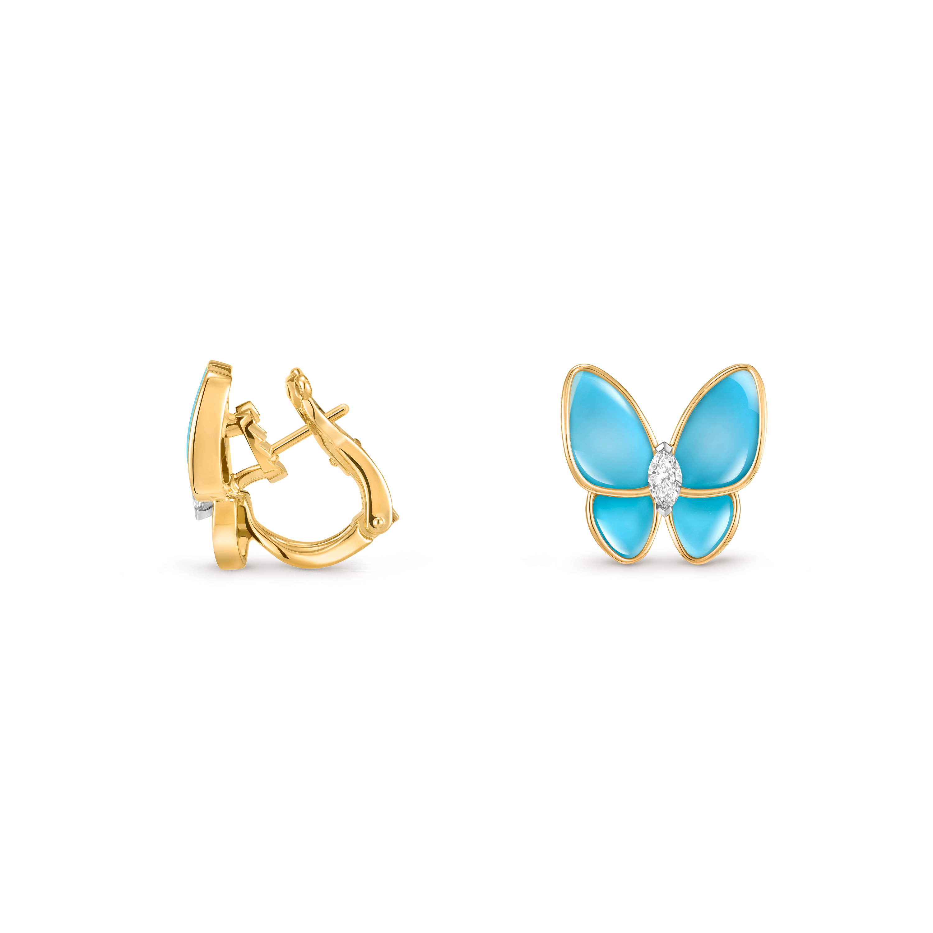 Two Butterfly earrings, 18K yellow gold, 18K white gold, Diamond:  36 stones,  0.99 carat, Turquoise:  4 stones, Profile, Jewelry Earrings - Van Cleef & Arpels