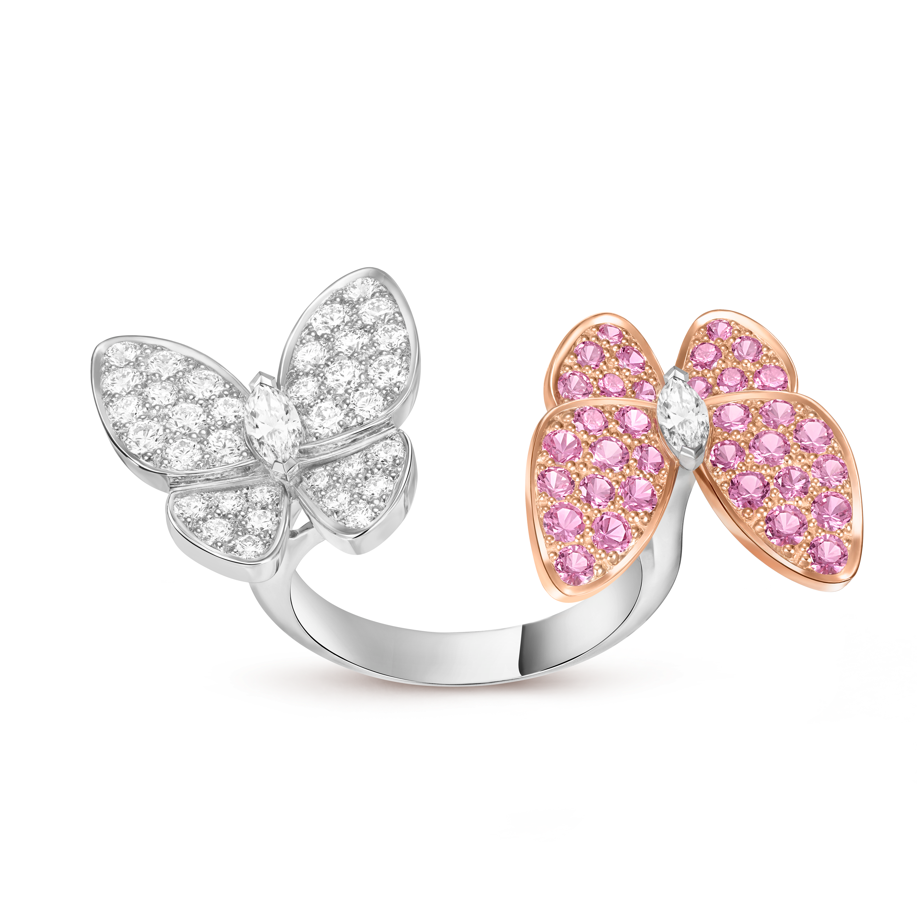 Two Butterfly Between the Finger 指間戒, 18K白金, 18K玫瑰金, 藍寶石:  34顆寶石,  0.88克拉, 鑽石:  36顆寶石,  0.99克拉, Front, Jewelry Ring- Van Cleef & Arpels