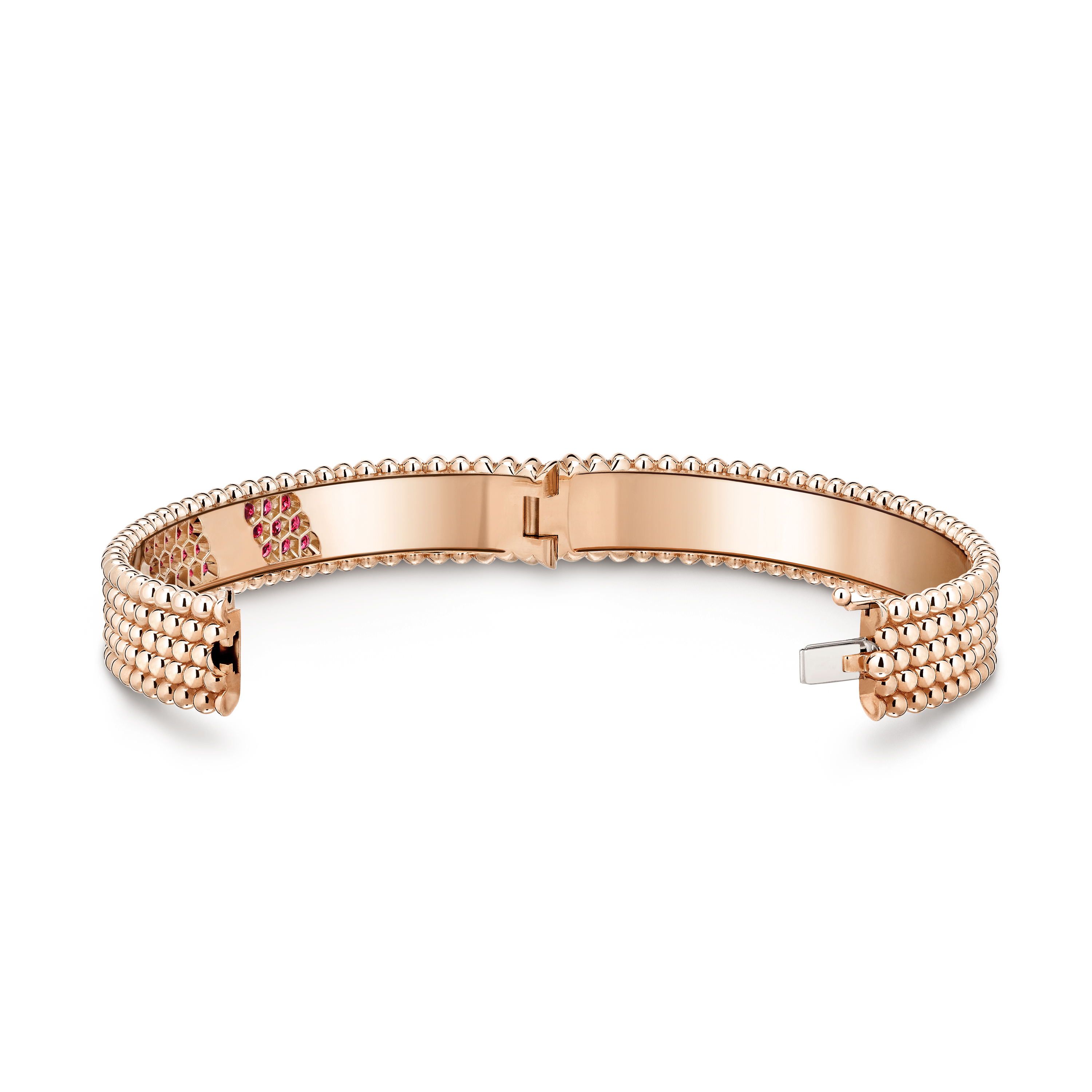 Perlée couleurs bracelet, 5 rows, extra small model, 18K rose gold, Ruby:  50 stones,  2.5 carats, Open, Jewelry Bracelet - Van Cleef & Arpels