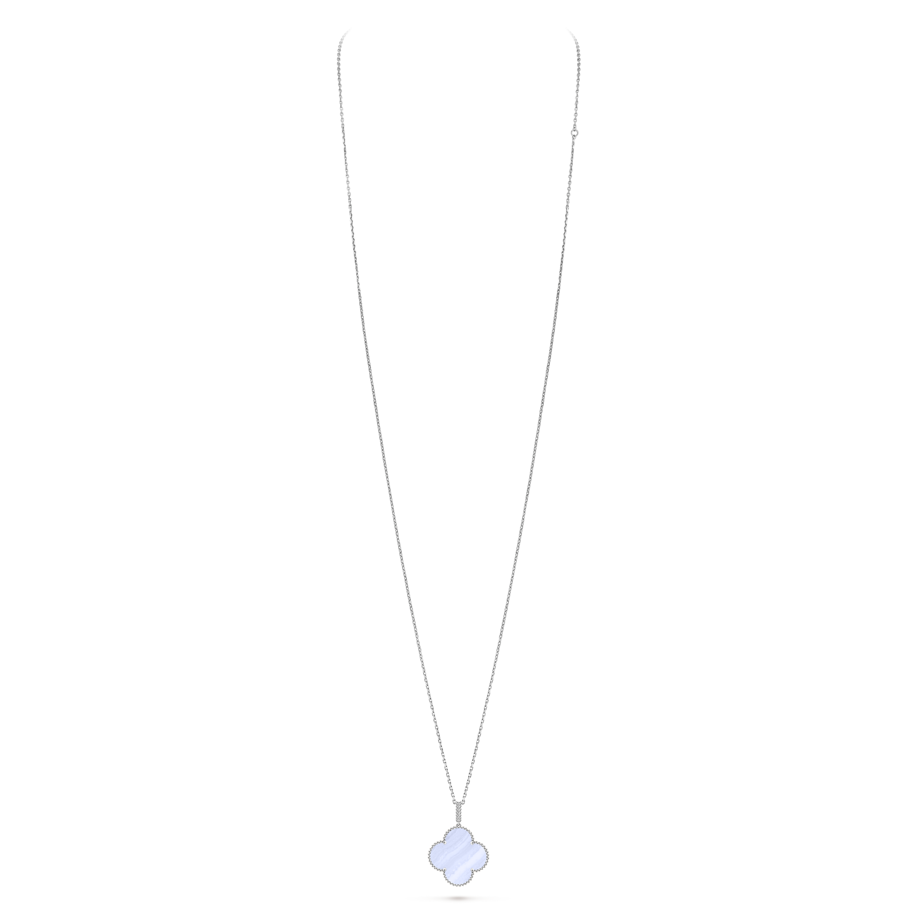 Magic Alhambra long necklace, 1 motif, 18K white gold, Chalcedony:  1 stone, Close Up, Jewelry Long Necklace - Van Cleef & Arpels
