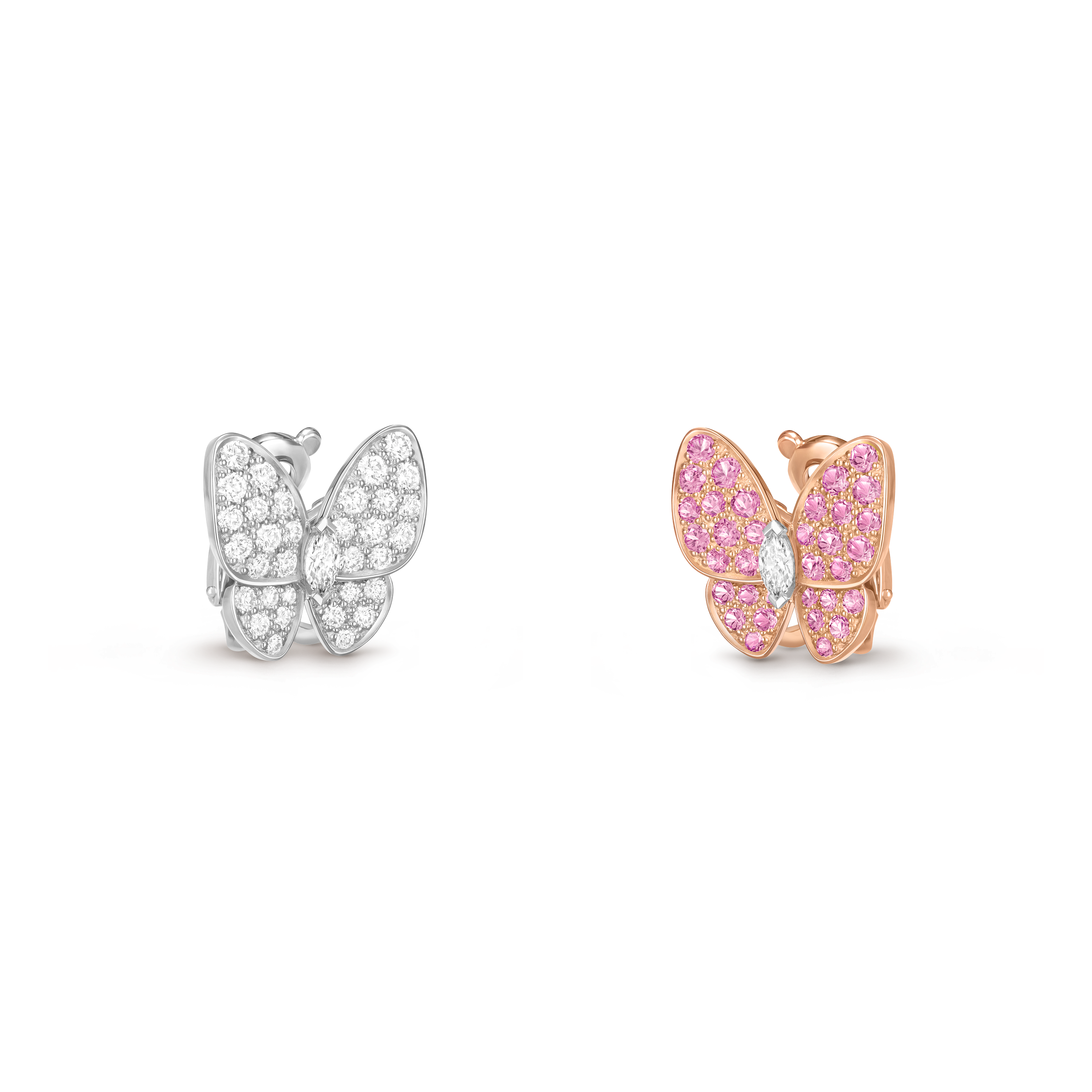 Two Butterfly earrings, 18K white gold, 18K rose gold, Diamond:  36 stones,  0.99 carat, Sapphire:  34 stones,  0.88 carat, Three Fourth, Jewelry Earrings - Van Cleef & Arpels