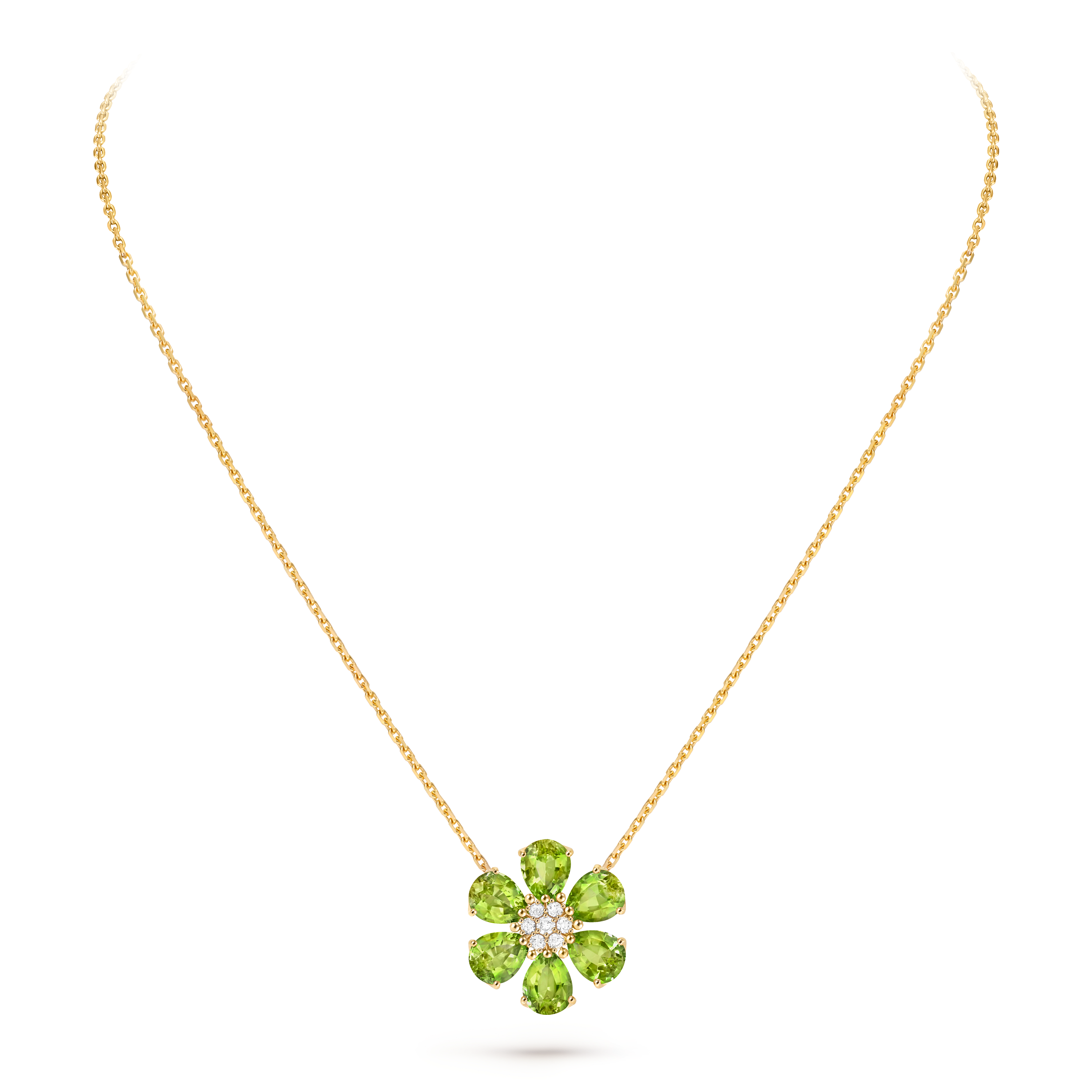 Fleurs d’Hawaï pendant, 18K yellow gold, Diamond:  7 stones,  0.19 carat, Peridot:  6 stones,  7.5 carats, Detail, Jewelry Pendent - Van Cleef & Arpels
