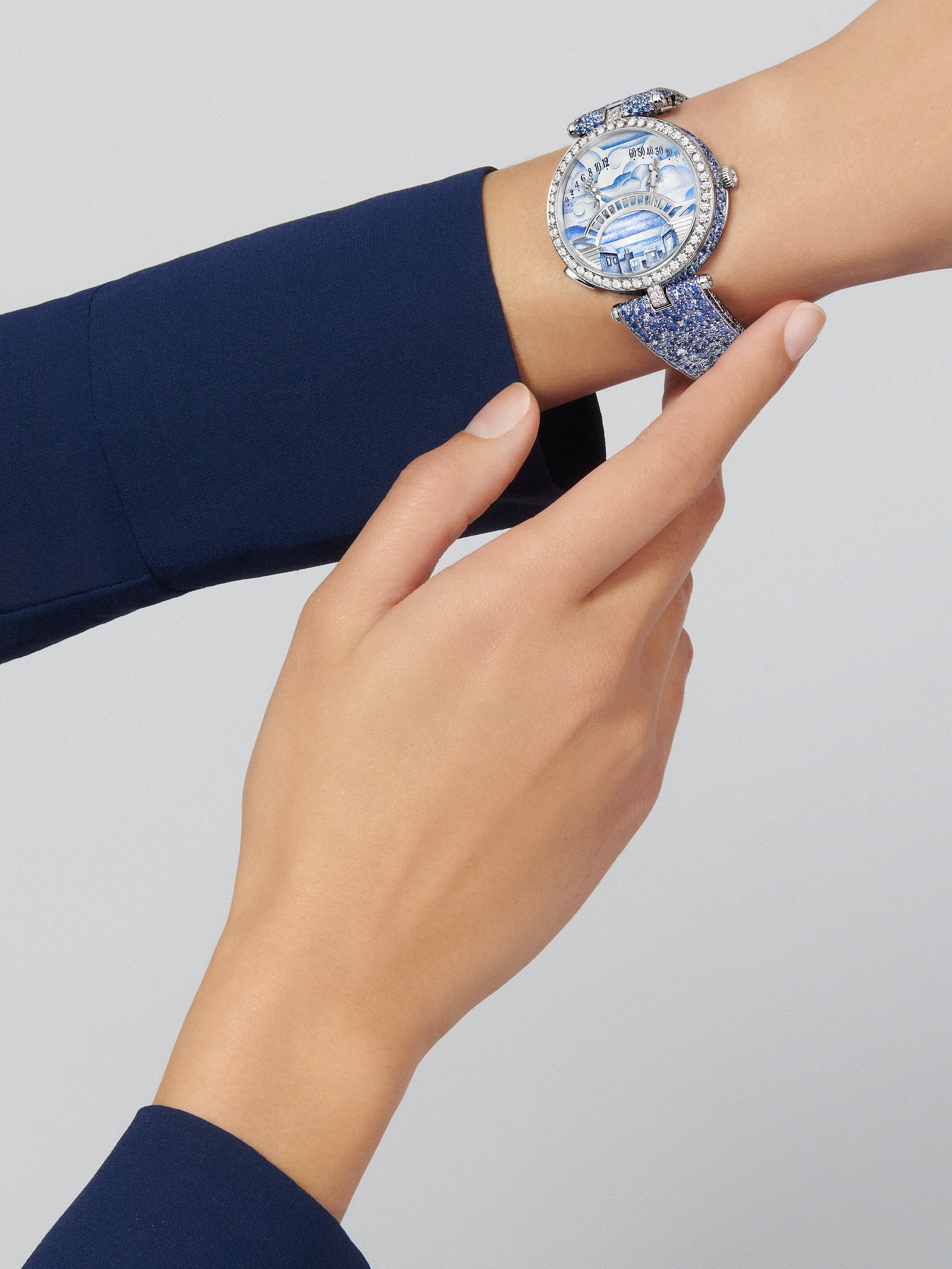 Lady Arpels Pont des Amoureux Matinée watch, 18K white gold, Diamond:  903 stones,  11.78 carats, Sapphire:  639 stones,  19.22 carats, Worn Alternative, Watch - Van Cleef & Arpels