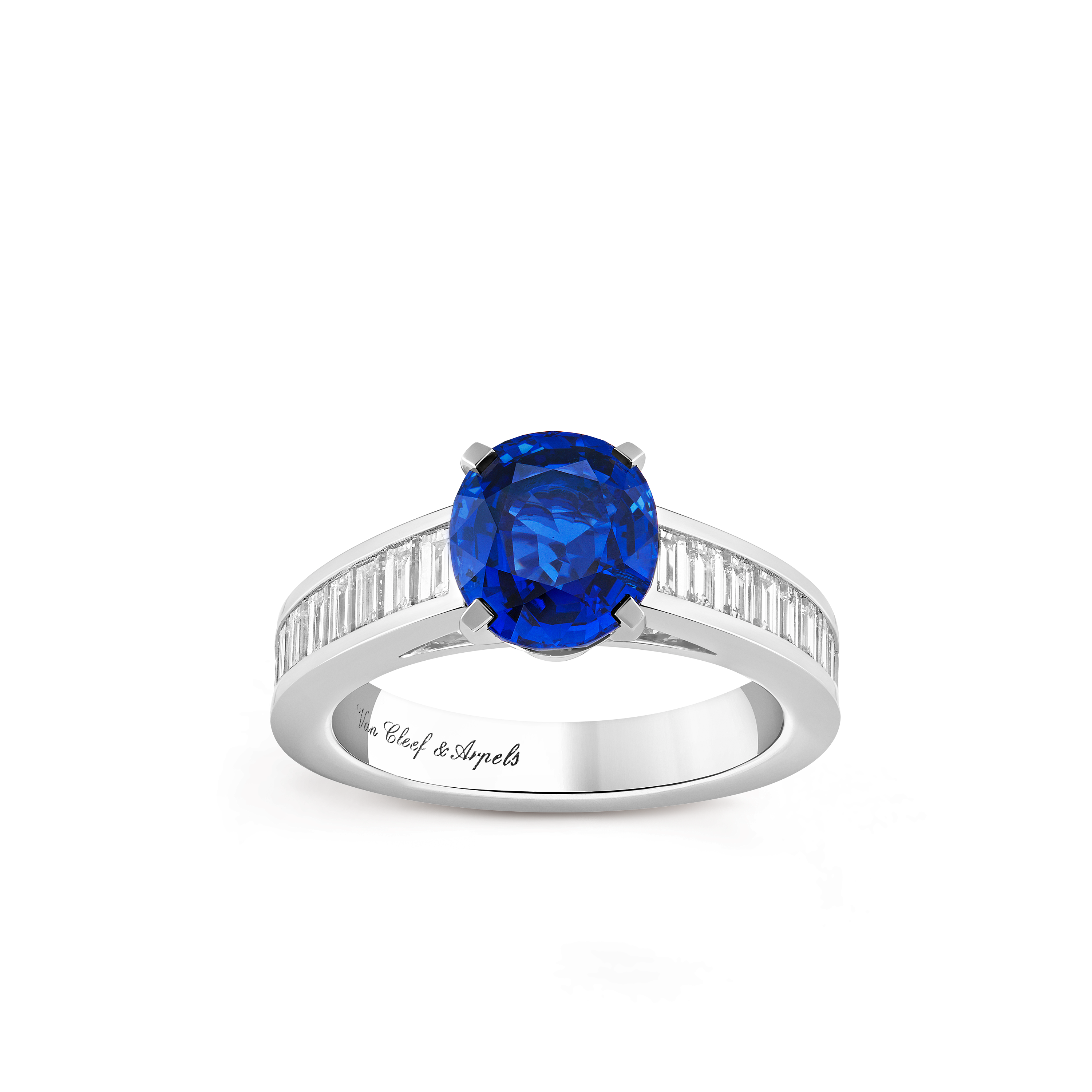 Menuet solitaire Saphir 2.46 cts, Platinum, Diamond:  18 stones,  0.87 carat, Sapphire:  1 stone,  2.46 carats, Front, High Jewelry Ring - Van Cleef & Arpels