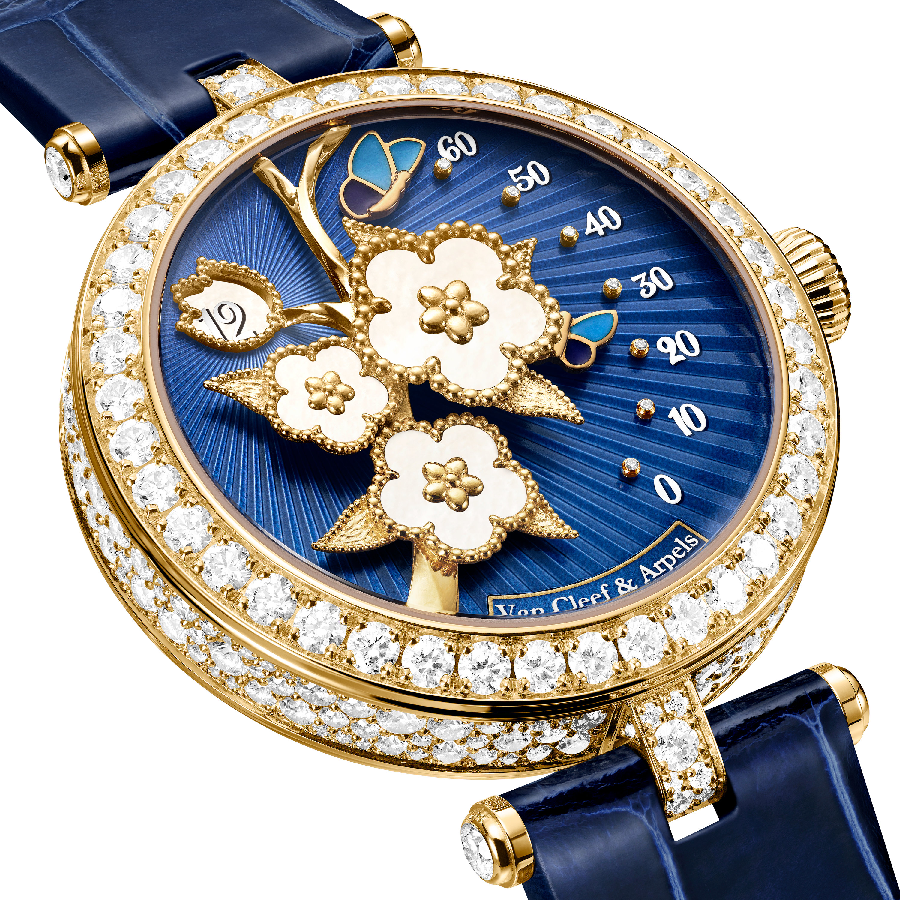 レディ ラッキー スプリング パピヨン, 18K イエローゴールド, ダイヤモンド:  326 石,  4.65 カラット, マザー オブ パール:  3 石, Detail, Watch - ヴァン クリーフ&アーペル - Van Cleef & Arpels